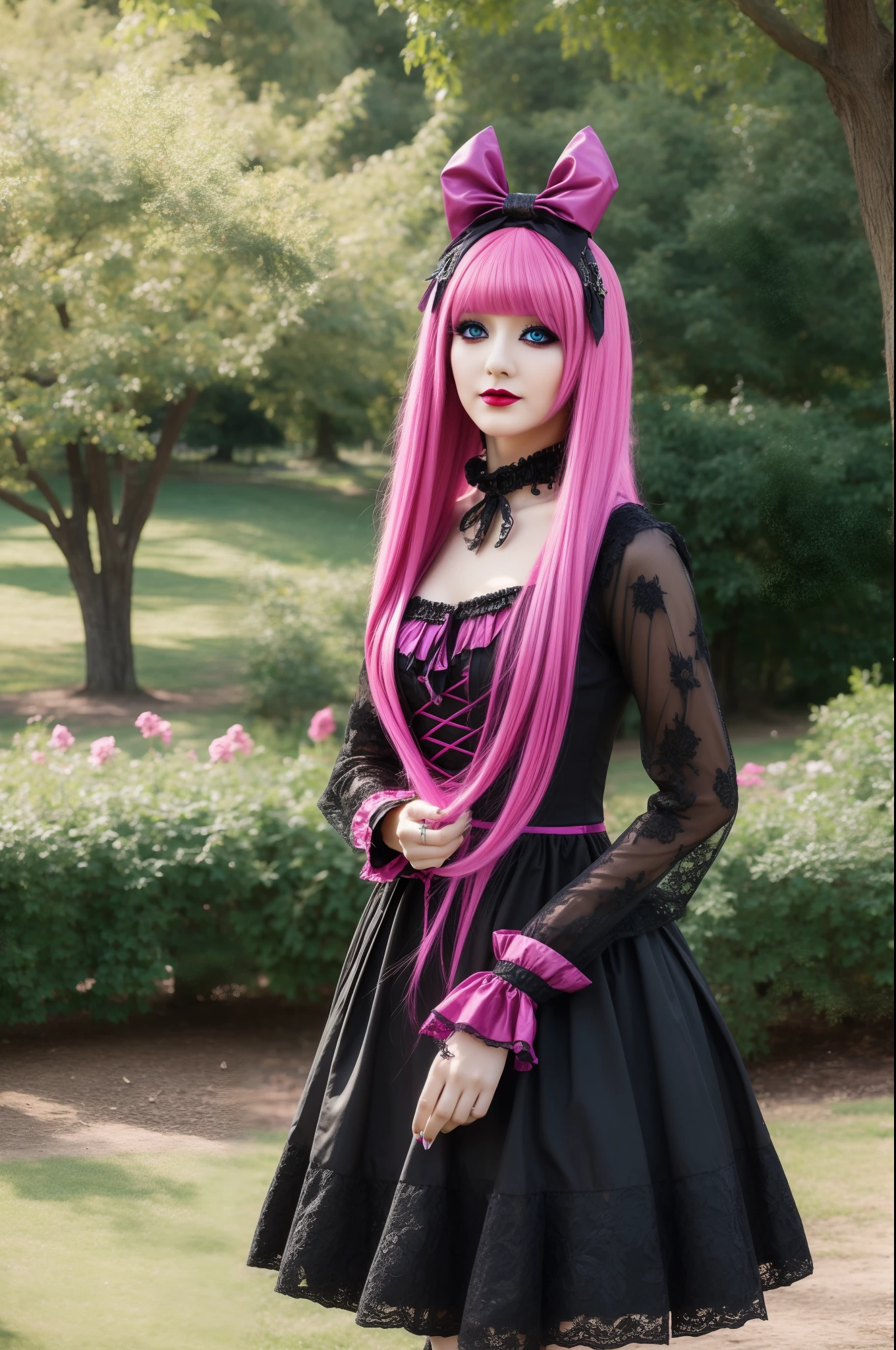 In einem wunderschönen Park eine modisch aussehende Frau. Sie trägt einen sehr farbenfrohen und auffälligen Gothic-Kawaii-Stil, mit aufwendigem Make-up und bunter Perücke.