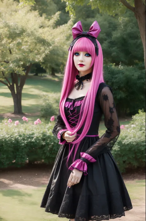 In a beautiful park a fashionable looking woman. She is wearing a very colorful and eye-catching gothic kawaii style, with a fan...