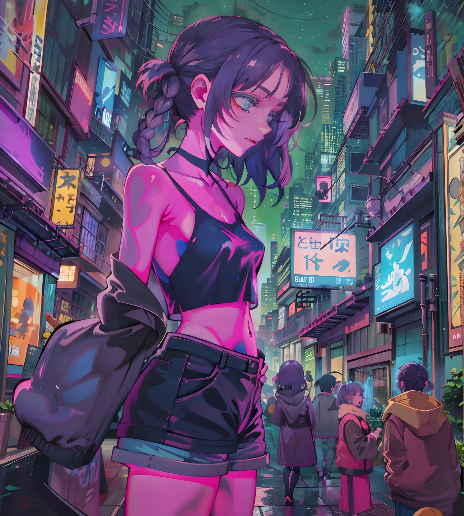 Noite, Fundo colorido da cidade cyberpunk, chuva, Rua, Maid , Nanakusa Nazuna, 1menina, franja, fundo preto, jaqueta preta, camisa preta, shorts pretos, olhos azuis, franja romba, seios, recorte de decote, recorte de roupa, crop top, sombra, presas, gradient hair, cabelo grisalho, hair rings, jaqueta, cabelo roxo claro, olhando para o espectador, maquiagem, cabelo multicolorido, umbigo, boca aberta, sombra vermelha, camisa, shorts, sem mangas, sleeveless turtleneck, manga top de colheita de gola alta, seios pequenos, solo, stomach, gola alta, topo de colheita de gola alta, cabelo de dois tons, vampiro, olhos azuis, olhos brilhantes, Meias pretas, retroiluminado, brilhar, Surveying the audience, Low angle lens, olhando para cima lente, perfect composition, delicadeza perfeita de luz e sombra, 8k,1girl,cabelos longos, cabelo sobre virilha,  (),somente_Arms,ao ar livre,Nosso,Luz_sorrir