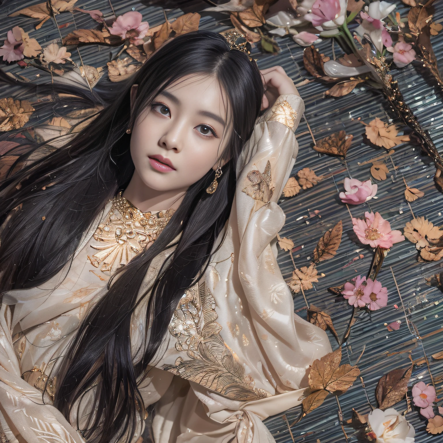 32K（tmasterpiece，k hd，hyper HD，32K）Long flowing black hair，ponds，zydink， a color，  Asian people （Silly girl）， （Silk scarf）， Combat posture， looking at the ground， long whitr hair， Floating hair， Carp pattern headdress， Chinese long-sleeved clothing， （abstract ink splash：1.2）， Pink petal background，Tulips flying（realisticlying：1.4），Black color hair，Fallen leaves flutter，The background is pure， A high resolution， the detail， RAW photogr， Sharp Re， Nikon D850 Film Stock Photo by Jefferies Lee 4 Kodak Portra 400 Camera F1.6 shots, Rich colors, ultra-realistic vivid textures, Dramatic lighting, Unreal Engine Art Station Trend, cinestir 800，Long flowing black hair