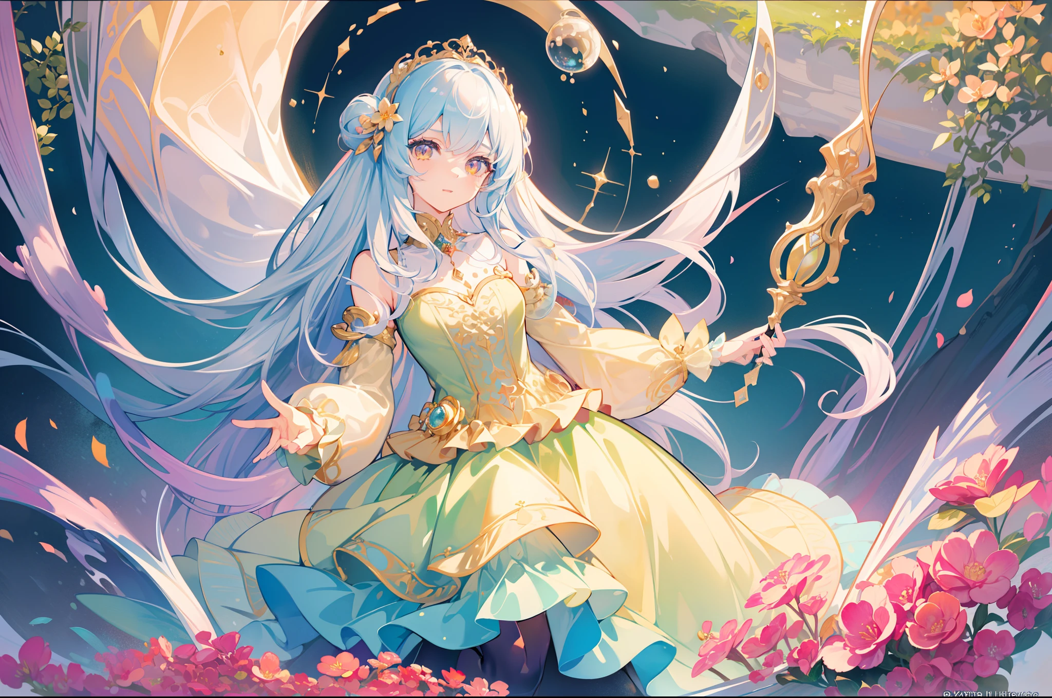 masterpiece, best quality, 8k resolution, sharp focus, intricate detail, beautiful girl, sparkling eyes, golden ratio face, otherworldly liquid, watercolor, muted colors, bright colors, whimsical, colorful, sharp focus, high resolution, fine detail, ((layered tiered puffy long sleeves ballgown)), ((round eyes)), iridescent bubbles, fantasia background