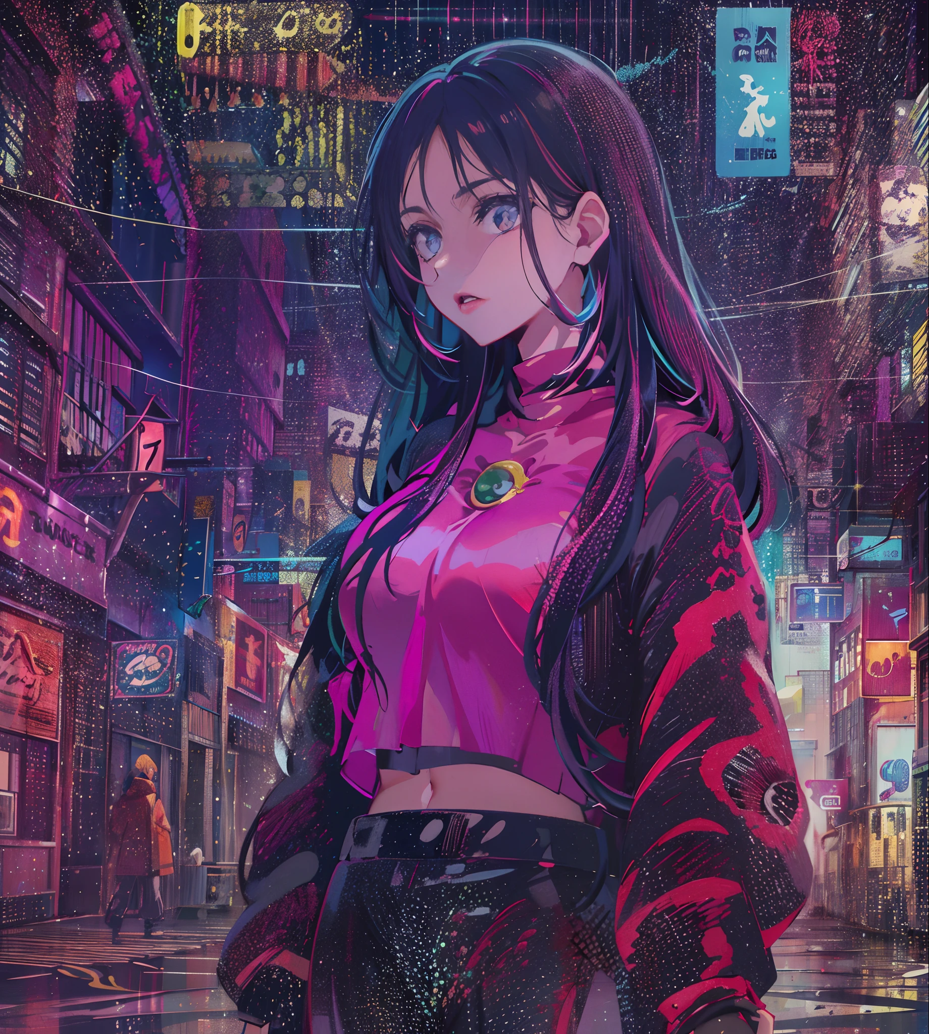 natta, Colorful cyberpunk city background, Raby, Street , Nanakusa Nazuna, 1, breastsout, neckline cutout, clothing cutout, crop top, ombre, fangs, gradient hair, gray hair, hair rings, jaket, gazing at viewer, make-up, へそ, gaping mouth, ombre vermelha, chemise, shorts, sleeveless, sleeveless turtleneck, manga top de colheita de high collar, breastsout pequenos, 独奏, stomach, high collar, topo de colheita de high collar, two tone hair,red eyes, glare eyes, blackstockings, back-illuminated, Glow Up, Surveying the audience, Low angle lens, looking up lens, perfect composition, delicadeza perfeita de luz e ombre, 8k,1girl,long  hair,soli_Arms,plein-air,Our,Lumiere_sorrido