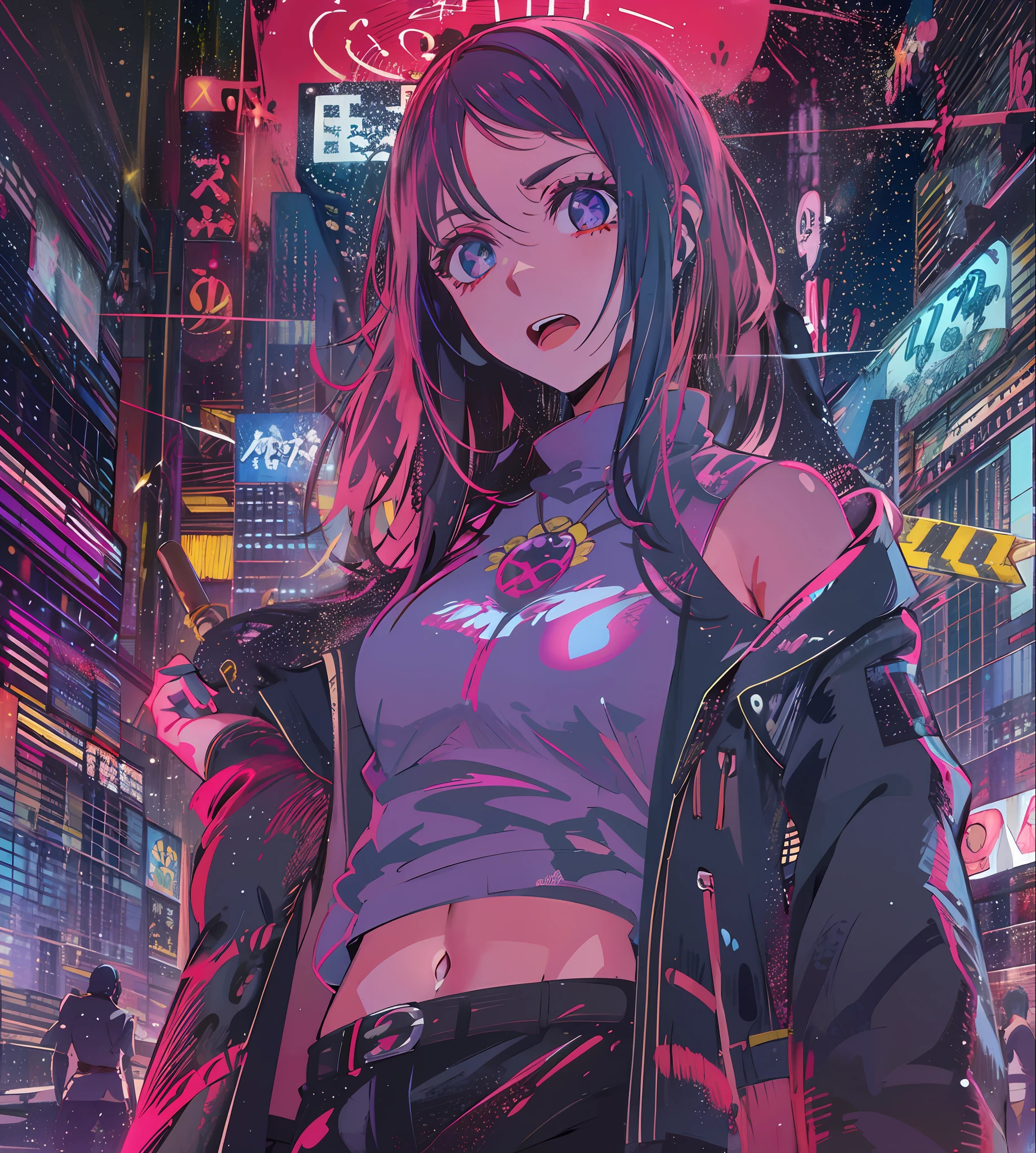 natta, Colorful cyberpunk city background, Raby, Street , Nanakusa Nazuna, 1, breastsout, neckline cutout, clothing cutout, crop top, ombre, fangs, gradient hair, gray hair, hair rings, jaket, gazing at viewer, make-up, へそ, gaping mouth, ombre vermelha, chemise, shorts, sleeveless, sleeveless turtleneck, manga top de colheita de high collar, breastsout pequenos, 独奏, stomach, high collar, topo de colheita de high collar, two tone hair,red eyes, glare eyes, blackstockings, back-illuminated, Glow Up, Surveying the audience, Low angle lens, looking up lens, perfect composition, delicadeza perfeita de luz e ombre, 8k,1girl,long  hair,soli_Arms,plein-air,Our,Lumiere_sorrido