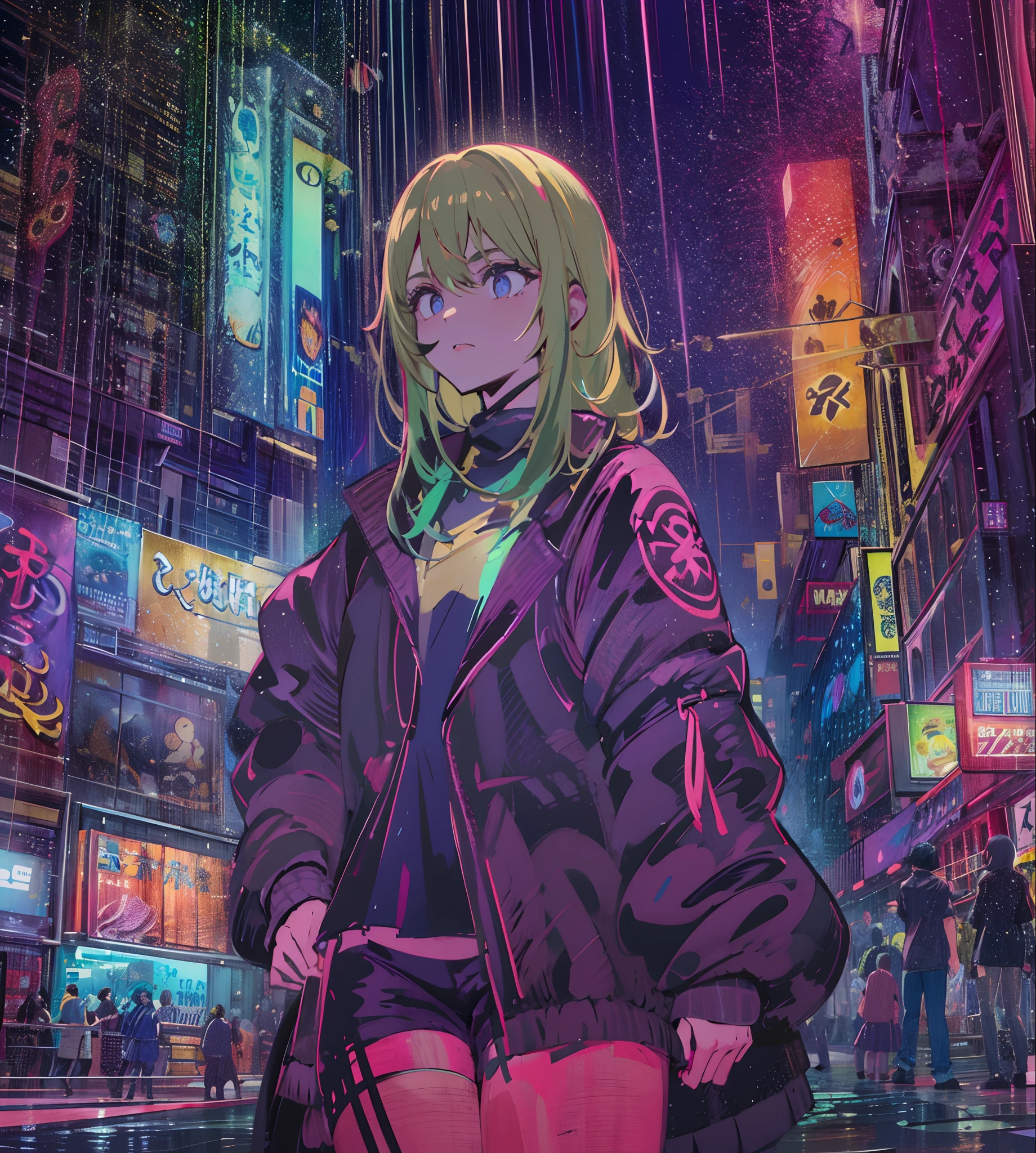 natta, Colorful cyberpunk city background, Raby, Street , Nanakusa Nazuna, 1, breastsout, neckline cutout, clothing cutout, crop top, ombre, fangs, gradient hair, gray hair, hair rings, jaket, gazing at viewer, make-up, へそ, gaping mouth, ombre vermelha, chemise, shorts, sleeveless, sleeveless turtleneck, manga top de colheita de high collar, breastsout pequenos, 独奏, stomach, high collar, topo de colheita de high collar, two tone hair,red eyes, glare eyes, blackstockings, back-illuminated, Glow Up, Surveying the audience, Low angle lens, looking up lens, perfect composition, delicadeza perfeita de luz e ombre, 8k,1girl,long  hair,soli_Arms,plein-air,Our,Lumiere_sorrido