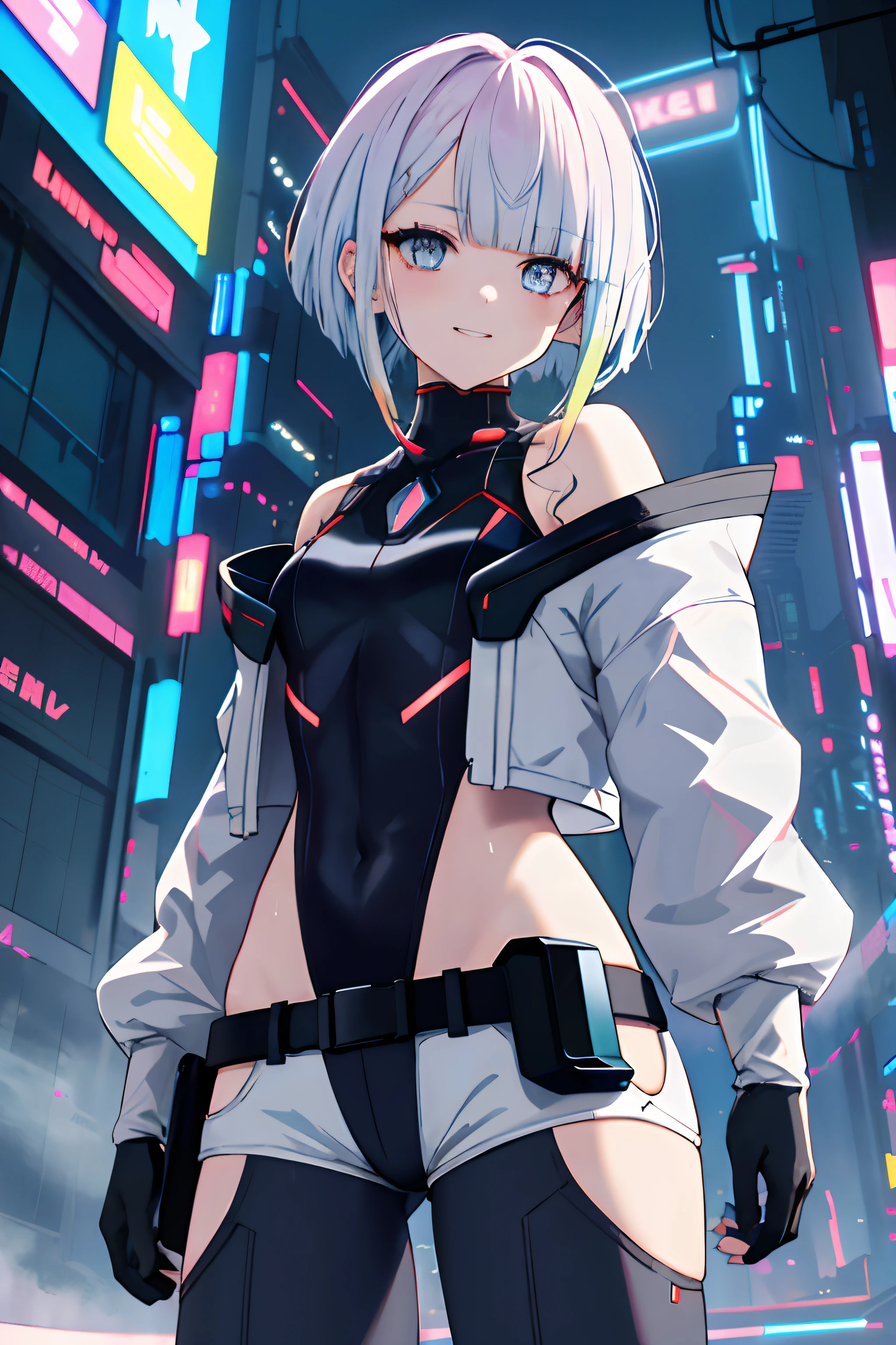 Masterpiece, Best quality, A high resolution, lu1, cyborg, multicolored hair, Makeup, Bare shoulders, black reotard, shighleg leotard, (thongs:1.1), White jacket,  casual style,Open jacket, belt, Shorts, Cowboy shot,Detailed street view illuminated by neon lights (cyberpunk:1.4) Big City、Towering buildings、Damp street surface、Futuristic technology、nffsw (HighDynamicRange)、Ray tracing、The road surface is wet、solo、Fluttering hair、Beautuful Women、a small face、hason、T-girl、Bright smile、White teeth are visible、(Asymmetrical bangs、hair on one eye、Disheveled hair)、(Jersey pants、White sports bra、down jacket、parka、Finger gloves、White sneakers)、(Fine fingers、human hand)、(Detailed face) 、(top-quality: 1.4、tmasterpiece、 hyper HD、 Top resolution,、The is very detailed、 profesional lighting、 Gray light illumination、low angle from below、Fog in the landscape、Foggy、