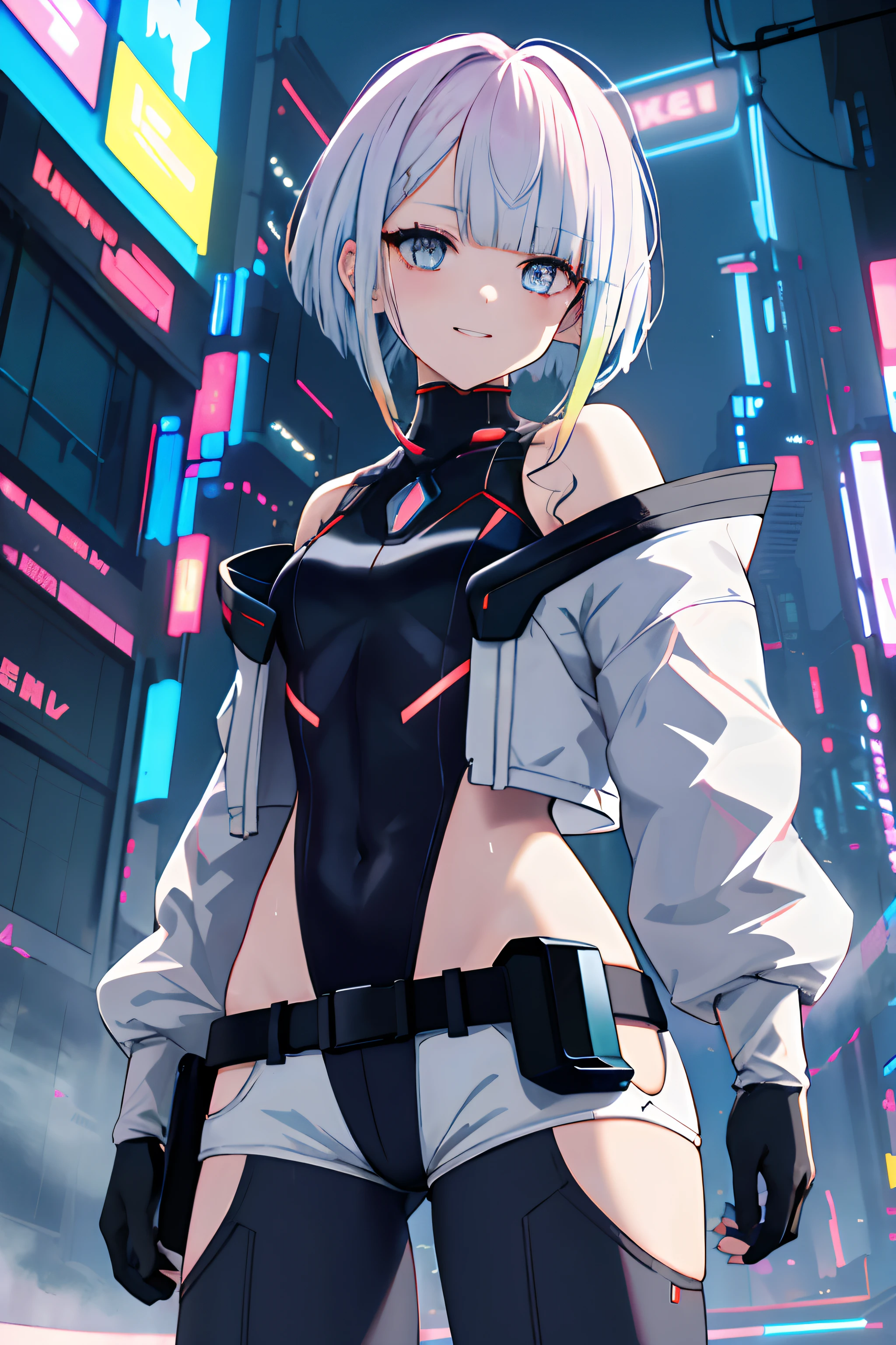 Masterpiece, Best quality, A high resolution, LU1, Cyborg, multicolored hair, Makeup, Bare shoulders, black reotard, shighleg leotard, (thongs:1.1), White jacket,  casual style,Open jacket, belt, Shorts, Cowboy shot,Detailed street view illuminated by neon lights (Cyberpunk:1.4) Big City、Towering buildings、Damp street surface、Futuristic technology、NFFSW (HighDynamicRange)、Ray tracing、The road surface is wet、独奏、Fluttering hair、Beautuful Women、a small face、hason、T-girl、Bright smile、White teeth are visible、(Asymmetrical bangs、hair on one eye、Disheveled hair)、(Jersey pants、White sports bra、down jacket、Parka、Finger gloves、White sneakers)、(Fine fingers、human hand)、(Detailed face) 、(top-quality: 1.4、tmasterpiece、 hyper HD、 Top resolution,、The is very detailed、 profesional lighting、 Gray light illumination、low angle from below、Fog in the landscape、Foggy、