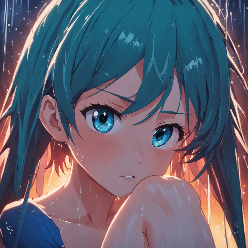 Anime girl with blue hair and blue eyes in the rain - SeaArt AI