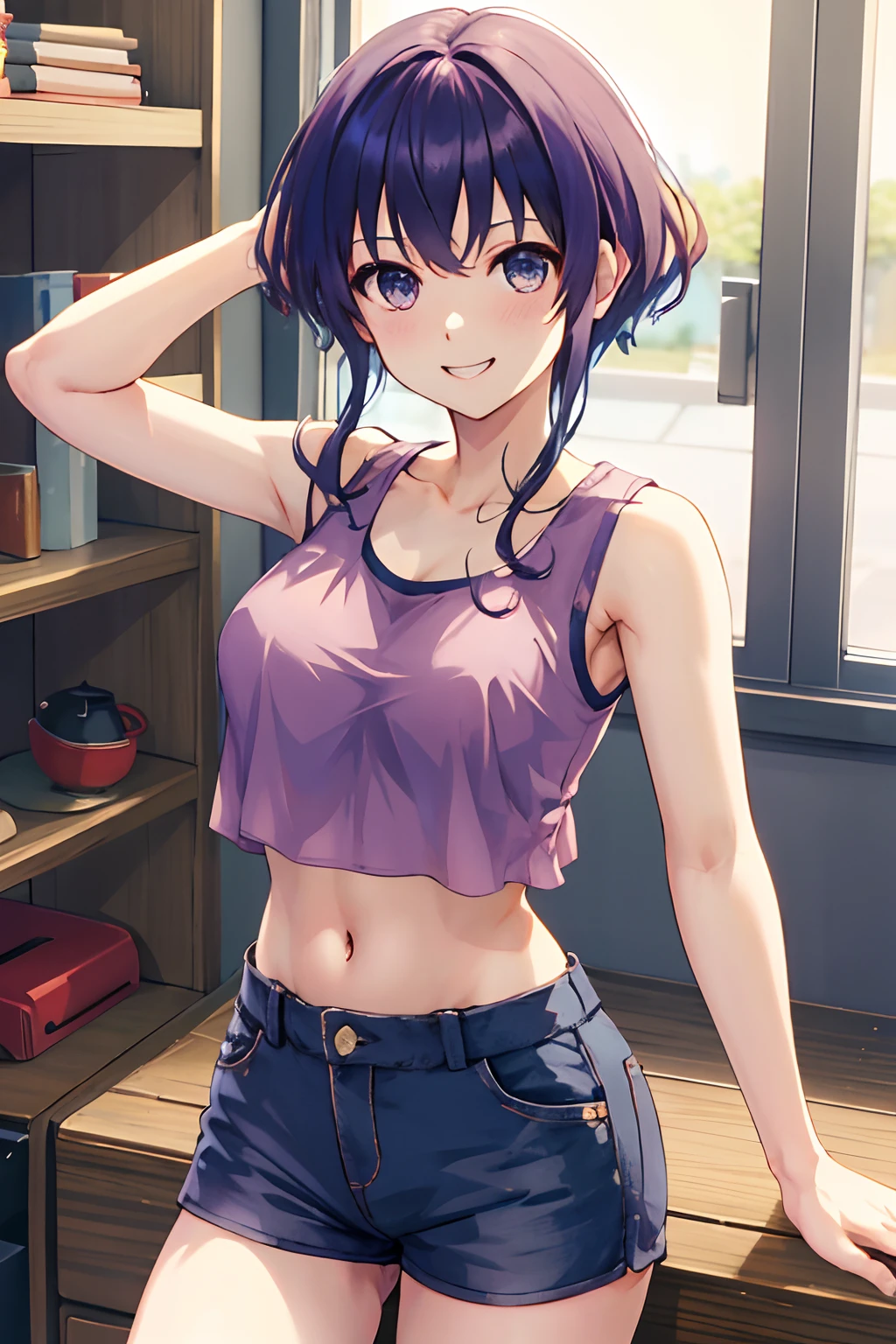 masterpiece, best quality, highres, hyoudou michiru, solo, tank top, crop top, short shorts, midriff, cowboy shot, smile, indoors,