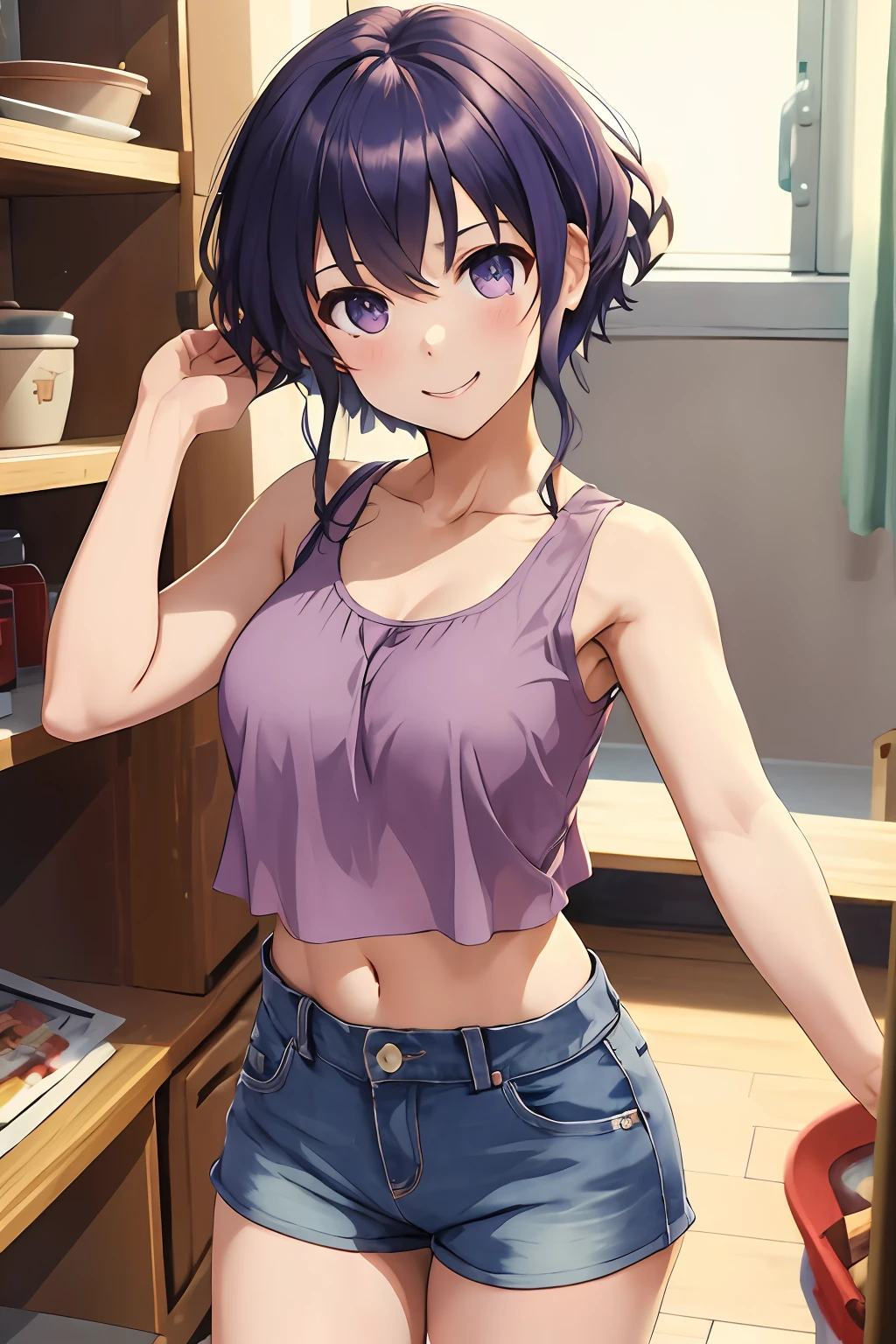 masterpiece, best quality, highres, hyoudou michiru, solo, tank top, crop top, short shorts, midriff, cowboy shot, smile, indoors,