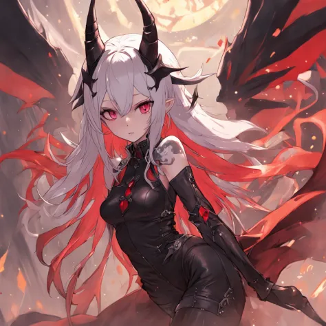 one woman, White skin, long white hair, one red lock of hair on the right side, (two thin and long black horns slightly curved inside, one blue eye and one brown eye,  two small red dragon's wings, elf ears, dressed in skintight black leather, knee high bl...
