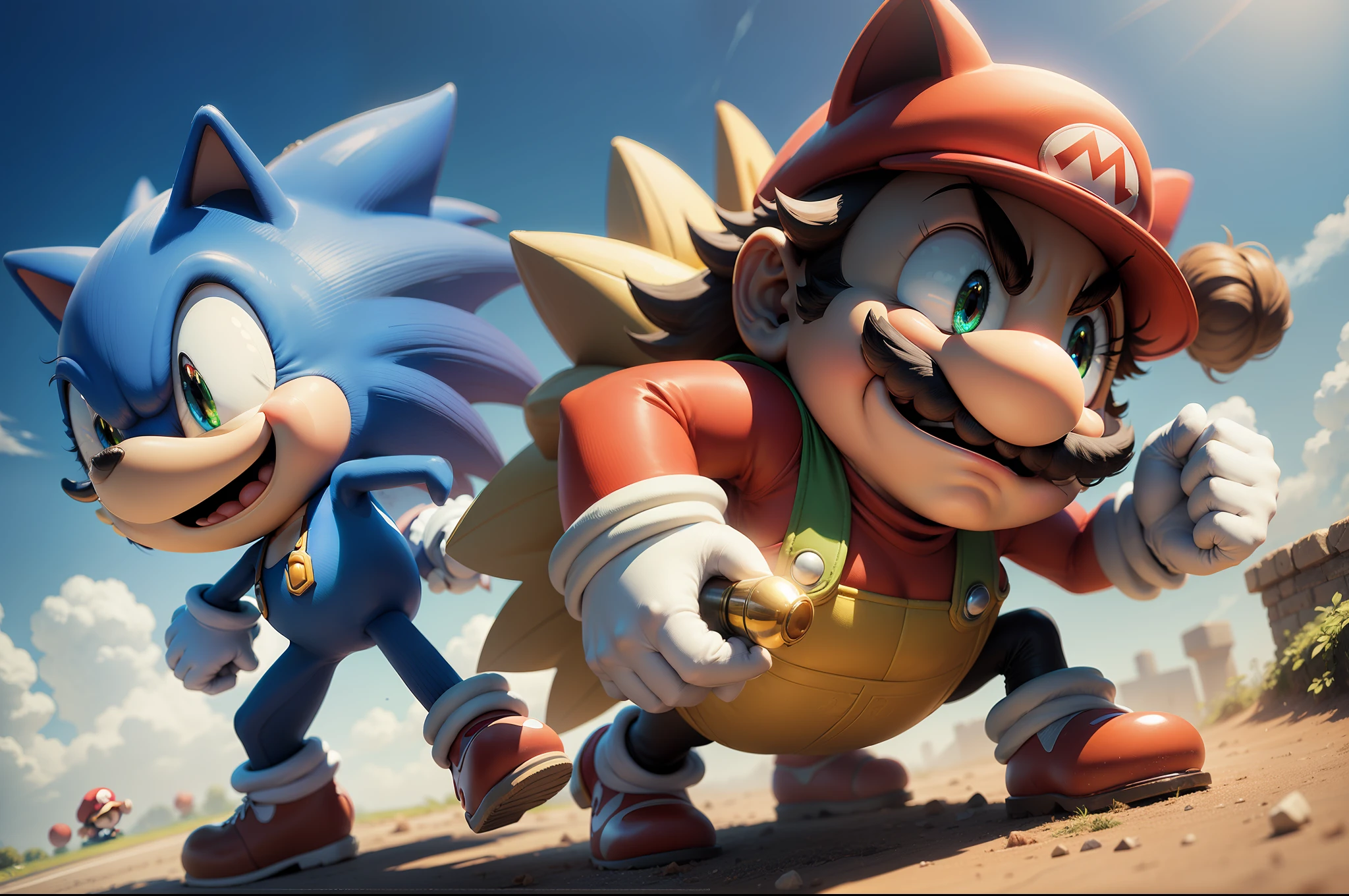 Sonic y Mario corren juntos en un estilo de dibujos animados. - SeaArt AI