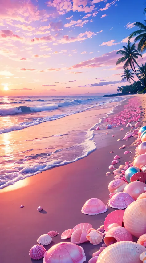 (8K, RAW photo, Best quality, masutepiece: 1.2), (Realistic, Realistic: 1.37) There are pink shells on the beach, there are wate...