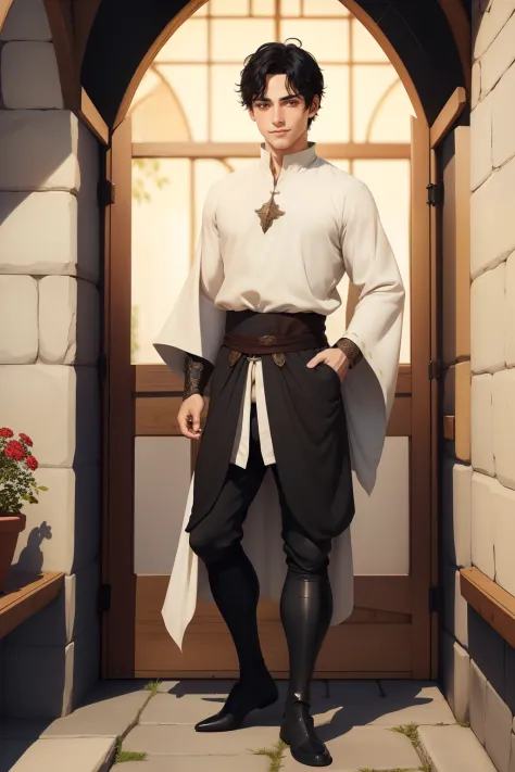 (1male, short black hair, gentle eyes), ((plain commoner clothes)), (fantasy, medieval), ((detailed face, full body)), adorable,...