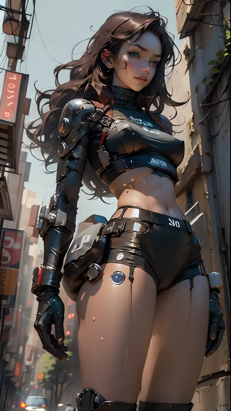 Woman body defined thick thighs cybernetic body parts, short underwear