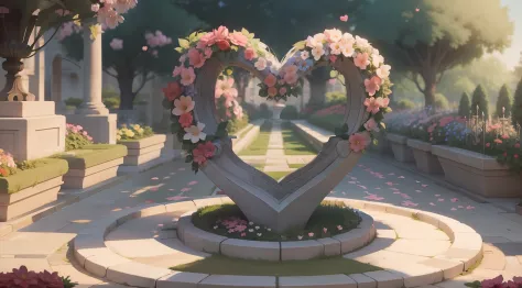 Anime picture of a heart-shaped statue in the centre of a 
village garden of flowers, only big heart, made with marble, beautiful, joyful, magical garden crowded with plenty flowers of various kinds and sizes, colourful, many many flowers around