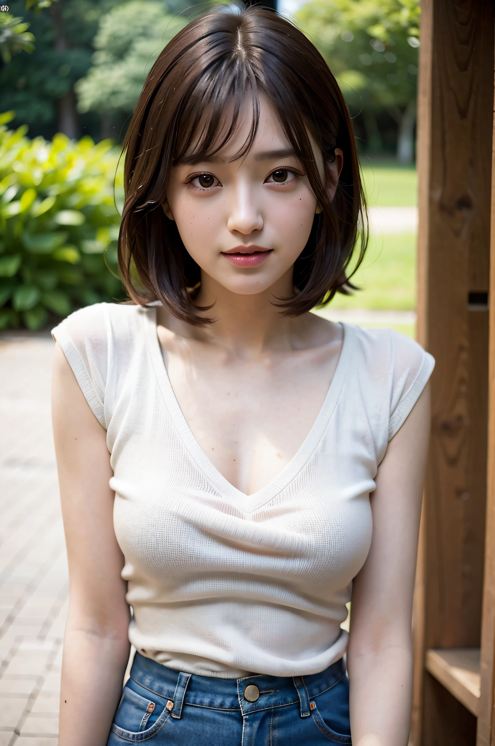 (Raw photo, Best Quality), (Realistic, Photorealsitic:1.3), masutepiece, Extremely delicate and beautiful, Soft light, (Brown hair, Short hair swaying in the wind, bangs), Beautiful detailed girl, (Detailed fingers), extremely detailed eye and face, beautiful detailed nose, Beautiful detailed eyes, 1 girl, Japanese, Neat and clean beauty, Cute, young, Smile, T-shirt, Pants, (Half body:1.3), (medium breasts), Realistic face, Realistic body, Outdoors