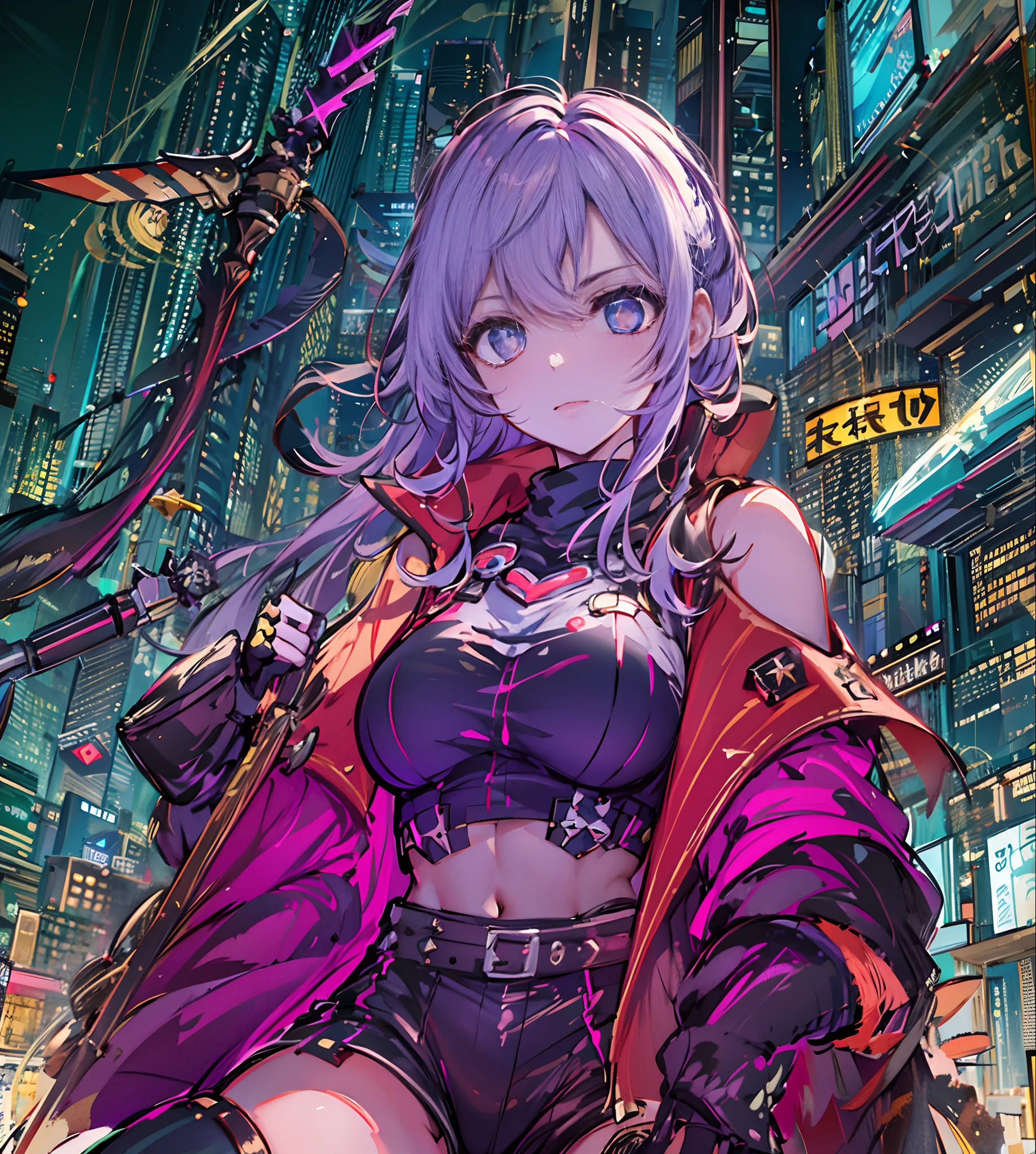 natta, Colorful cyberpunk city background, Raby, Street , soul,honkai impact,1, breastsout, neckline cutout, clothing cutout, crop top, ombre, fangs, gradient hair, gray hair, hair rings, jaket, gazing at viewer, make-up, へそ, gaping mouth, ombre vermelha, chemise, shorts, sleeveless, sleeveless turtleneck, manga top de colheita de high collar, breastsout pequenos, 独奏, stomach, high collar, topo de colheita de high collar, two tone hair,red eyes, glare eyes, blackstockings, back-illuminated, Glow Up, Surveying the audience, Low angle lens, looking up lens, perfect composition, delicadeza perfeita de luz e ombre, 8k,1girl,long  hair,soli_Arms,plein-air,Our,Lumiere_sorrido