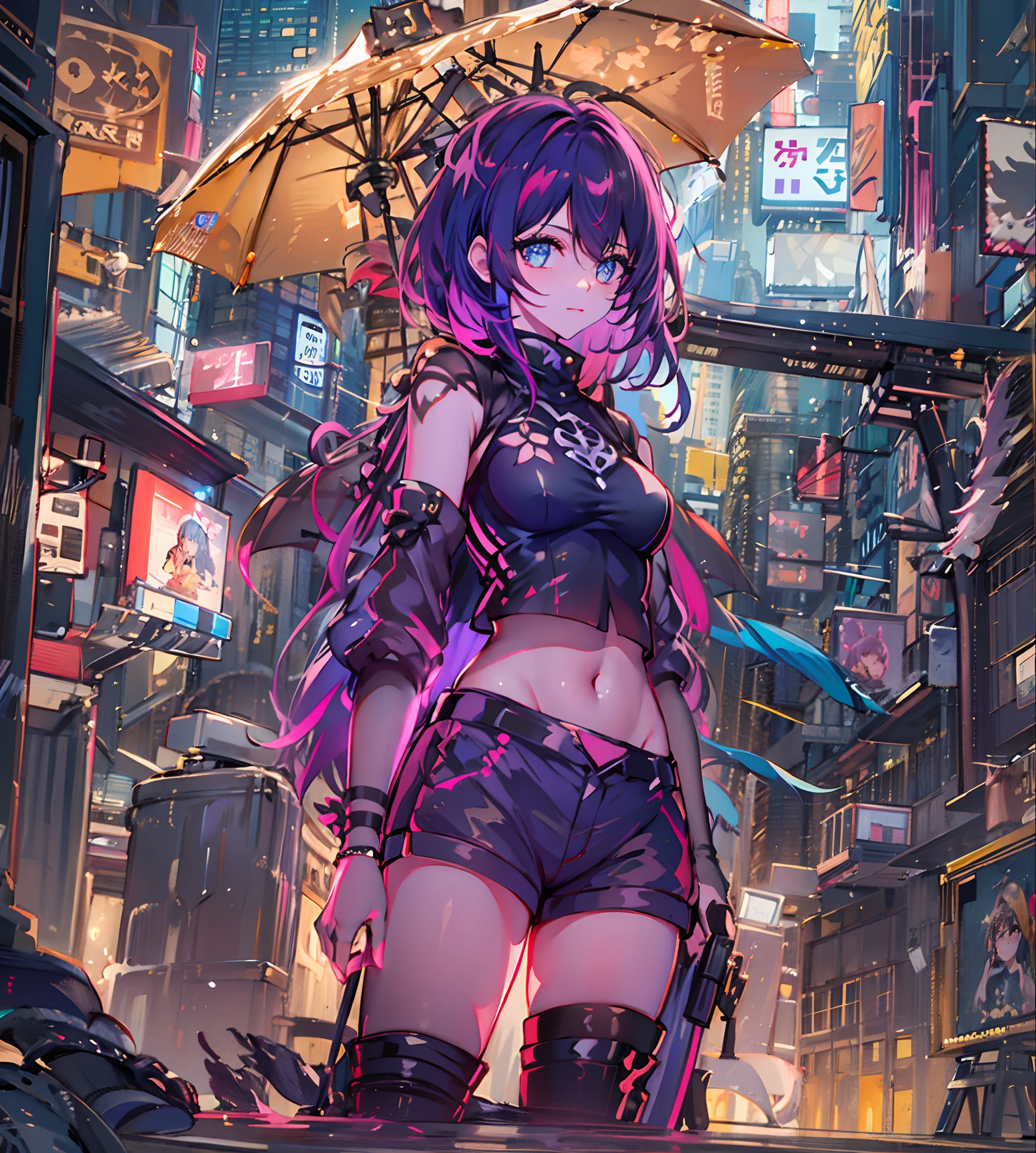 Nuit, Fond de ville cyberpunk coloré, pluie, deux , âme,impact honkai,1, seins, découpe du décolleté, découpe de vêtements, haut court, ombre, Barrages, cheveux dégradés, cheveux gris, anneaux de cheveux, veste, regarder le spectateur, se maquiller, nombril, bouche ouverte, ombre vermelha, chemise, shorts, Sans manches, col roulé sans manches, manga top de colheita de gorge haute, seins pequenos, seulement, estomac, gorge haute, topo de colheita de gorge haute, cheveux bicolores,les yeux rouges, yeux pétillants, chaussettes noires, rétroéclairé, briller, Sonder le public, objectif faible angle, regardant l&#39;objectif, composition parfaite, delicadeza perfeita de luz e ombre, 8k,1fille,cheveux longs,seulement_Bras,En plein air,Notre,lumière_sourir