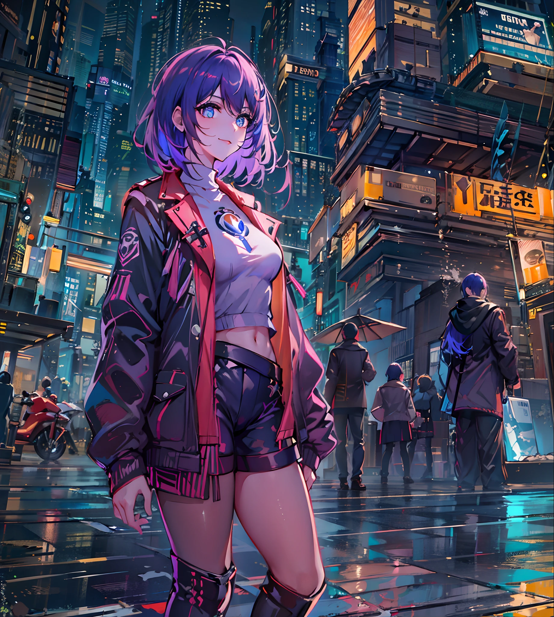 natta, Colorful cyberpunk city background, Raby, Street , soul,honkai impact,1, breastsout, neckline cutout, clothing cutout, crop top, ombre, fangs, gradient hair, gray hair, hair rings, jaket, gazing at viewer, make-up, へそ, gaping mouth, ombre vermelha, chemise, shorts, sleeveless, sleeveless turtleneck, manga top de colheita de high collar, breastsout pequenos, 独奏, stomach, high collar, topo de colheita de high collar, two tone hair,red eyes, glare eyes, blackstockings, back-illuminated, Glow Up, Surveying the audience, Low angle lens, looking up lens, perfect composition, delicadeza perfeita de luz e ombre, 8k,1girl,long  hair,soli_Arms,plein-air,Our,Lumiere_sorrido