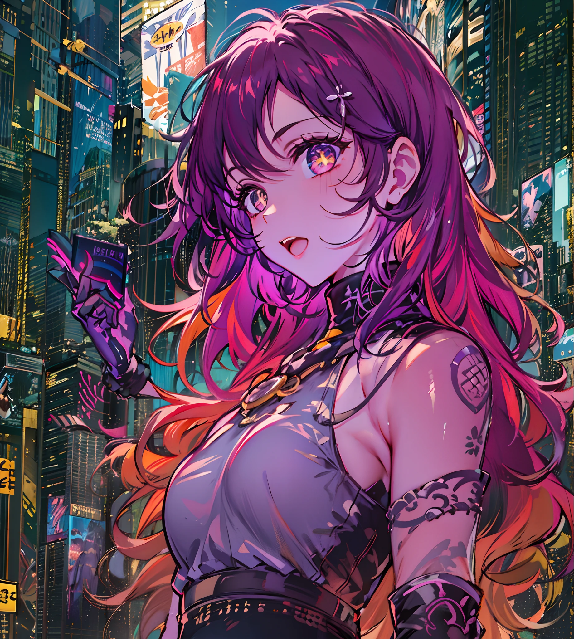 natta, Colorful cyberpunk city background, Raby, Street , soul,honkai impact,1, breastsout, neckline cutout, clothing cutout, crop top, ombre, fangs, gradient hair, gray hair, hair rings, jaket, gazing at viewer, make-up, へそ, gaping mouth, ombre vermelha, chemise, shorts, sleeveless, sleeveless turtleneck, manga top de colheita de high collar, breastsout pequenos, 独奏, stomach, high collar, topo de colheita de high collar, two tone hair,red eyes, glare eyes, blackstockings, back-illuminated, Glow Up, Surveying the audience, Low angle lens, looking up lens, perfect composition, delicadeza perfeita de luz e ombre, 8k,1girl,long  hair,soli_Arms,plein-air,Our,Lumiere_sorrido