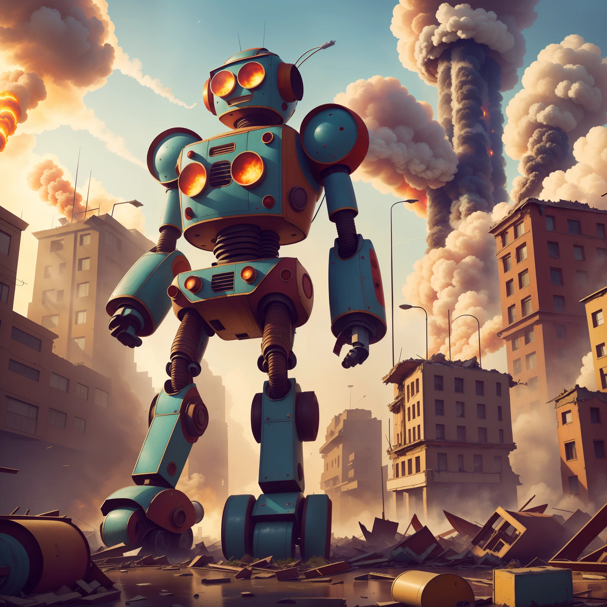 1 1000 meters tall oversized vintage toy robot，A large number of urban buildings were damaged，ruin，The fire is blazing，(((Citizens shunned)))，Light rain，salama，ultra - detailed