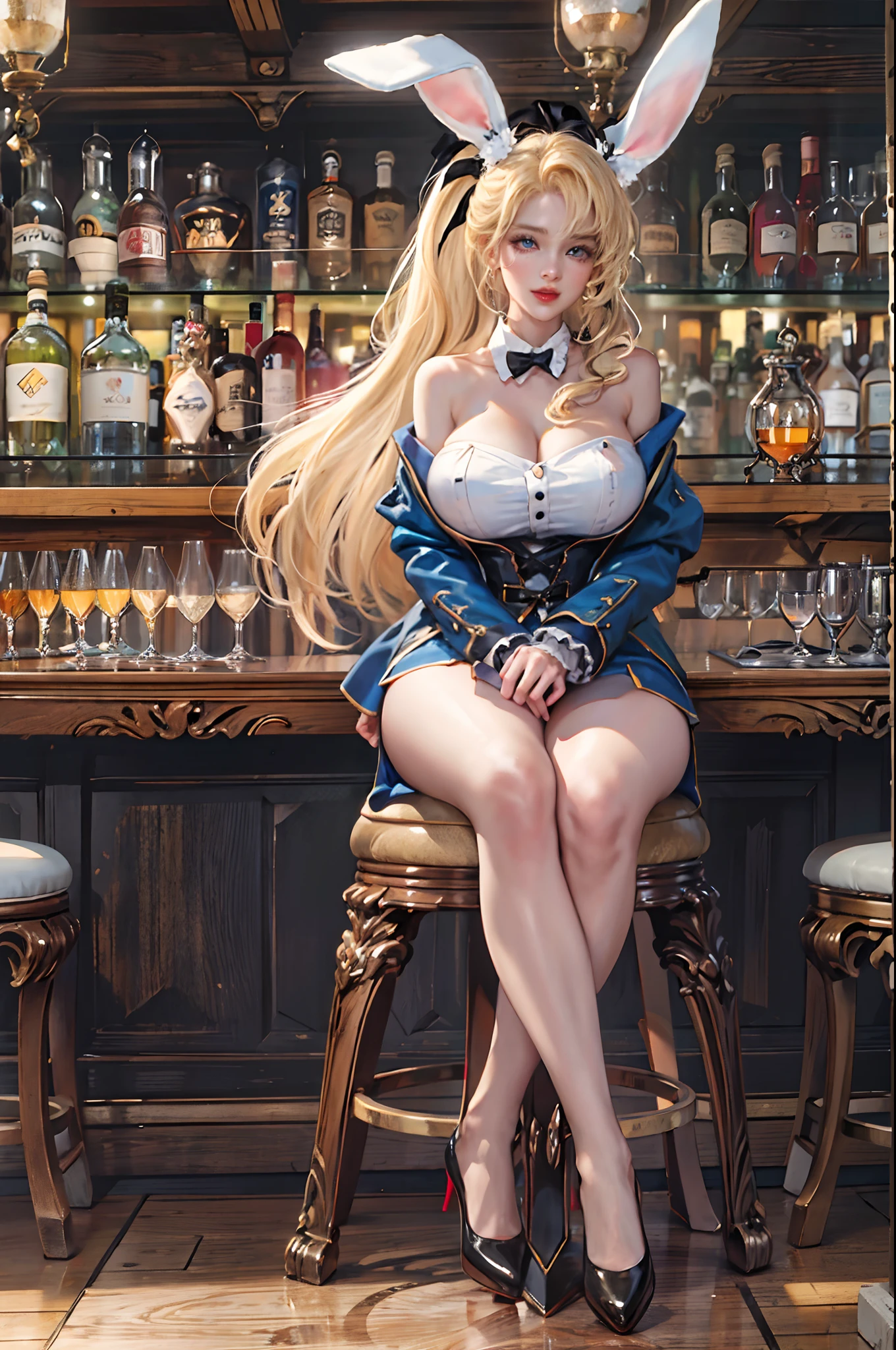 (best quality),(masterpiece), (highres), original, extremely_detailed_wallpaper, ((1women)), sit one bar chair,rabbit_ears,(hair_ornament), (huge breasts:1.2),full body, beautiful_detailed_eyes, (blonde_hair), long_hair, (long_ponytail), blue_eyes, (seductive_smile), ((delicate_face)), off_shoulder, playboy_bunny, black_pantyhose, high_heels,bar, ((oil_skin:1.2)),(full_body)