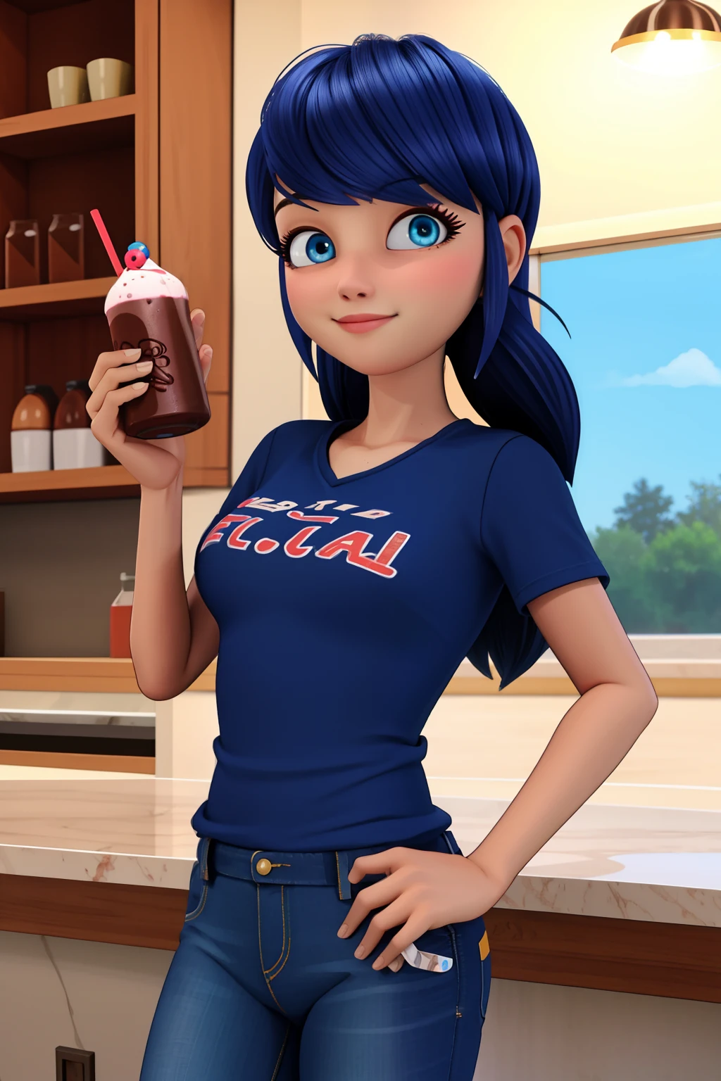 (8k, RAW photo, best quality, masterpiece:1.2), (intricate details), perfect eyes, perfect face, perfect lighting, beautiful, (masterpiece:1.2), (best quality:1.2), 1girl, solo, marinette, blue hair, ((long hair down)), adult torso, , slight smile, medium sized breasts, (jeans, red t-shirt), holding a chocolate milkshake, cowboy shot, 3DMM