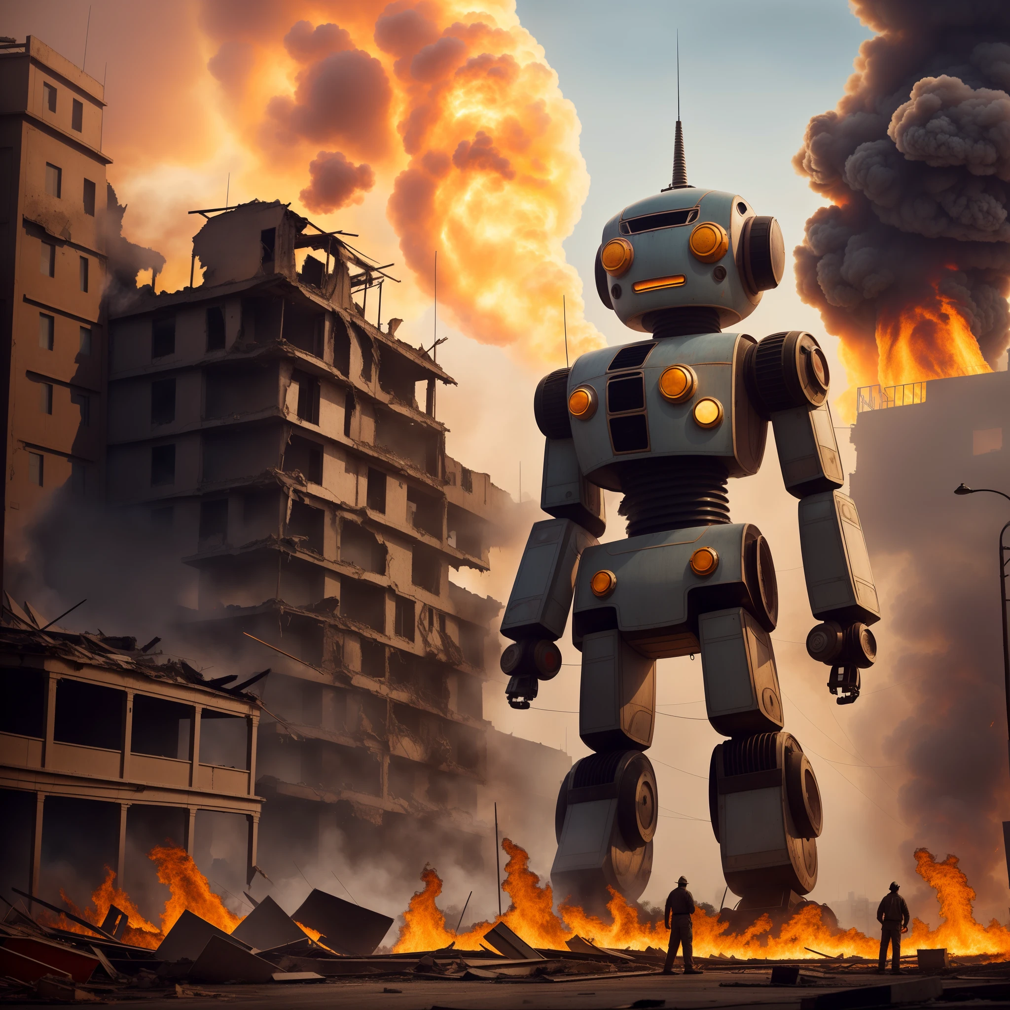 1 个 1000 米高的超大复古玩具机器人，大量城市建筑受损，废墟，火势正在熊熊燃烧，(((公民避之不及)))，小雨，安全的，极其详细