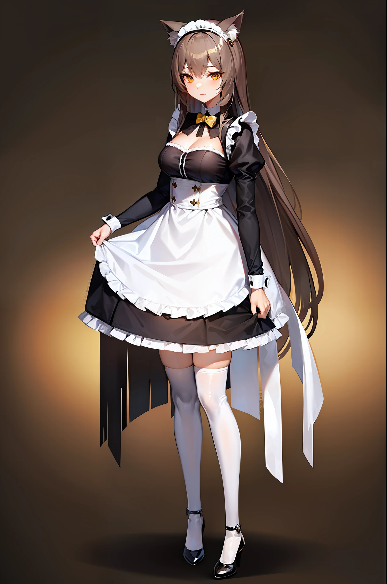 "long brown hair, cat ears, yellow eyes, medium breasts, full body, gray background, maid dress, standing, mature woman, holding skirt"