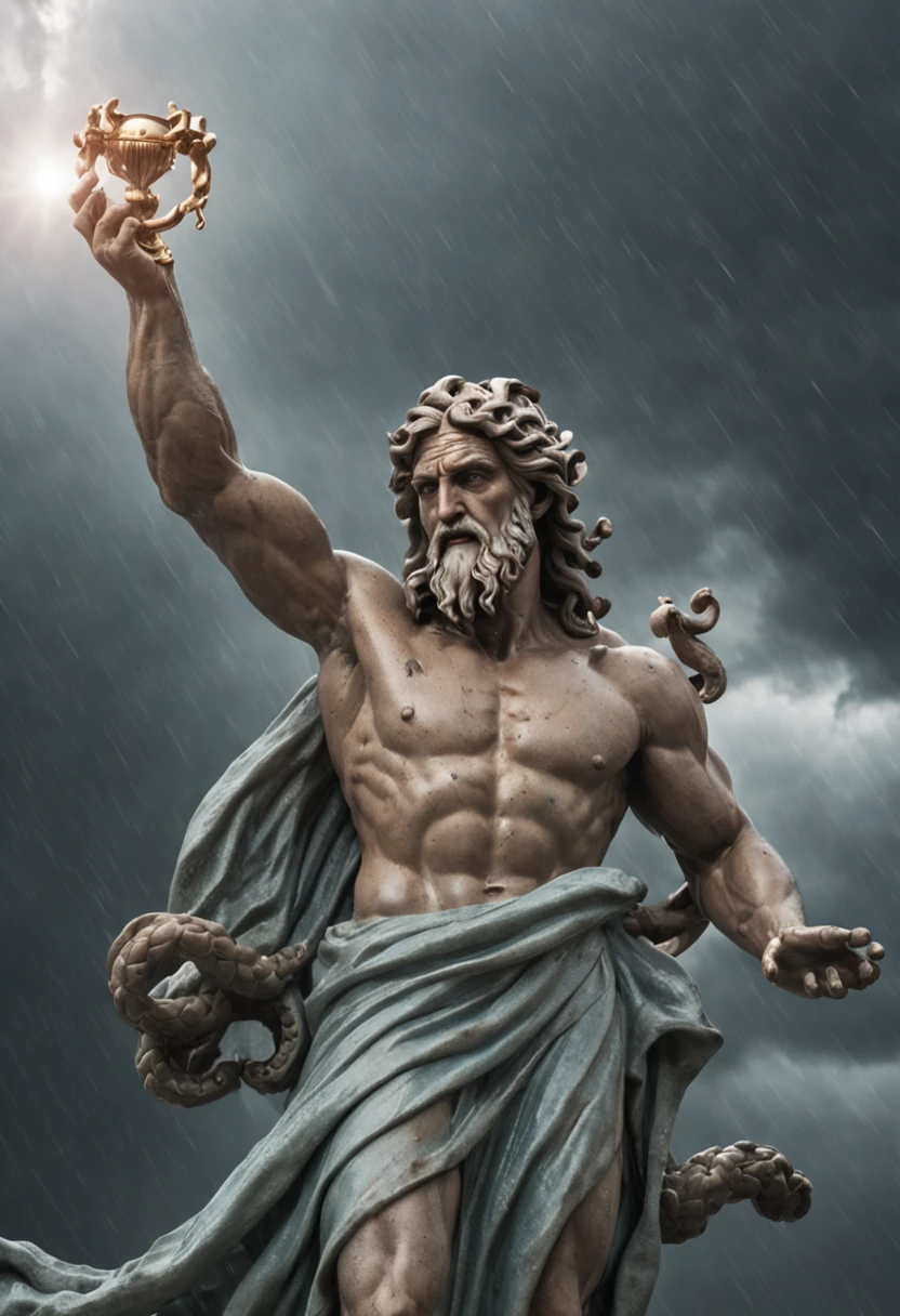 zeus holding medusa's head in his arms after a bloody fight, rainy ...