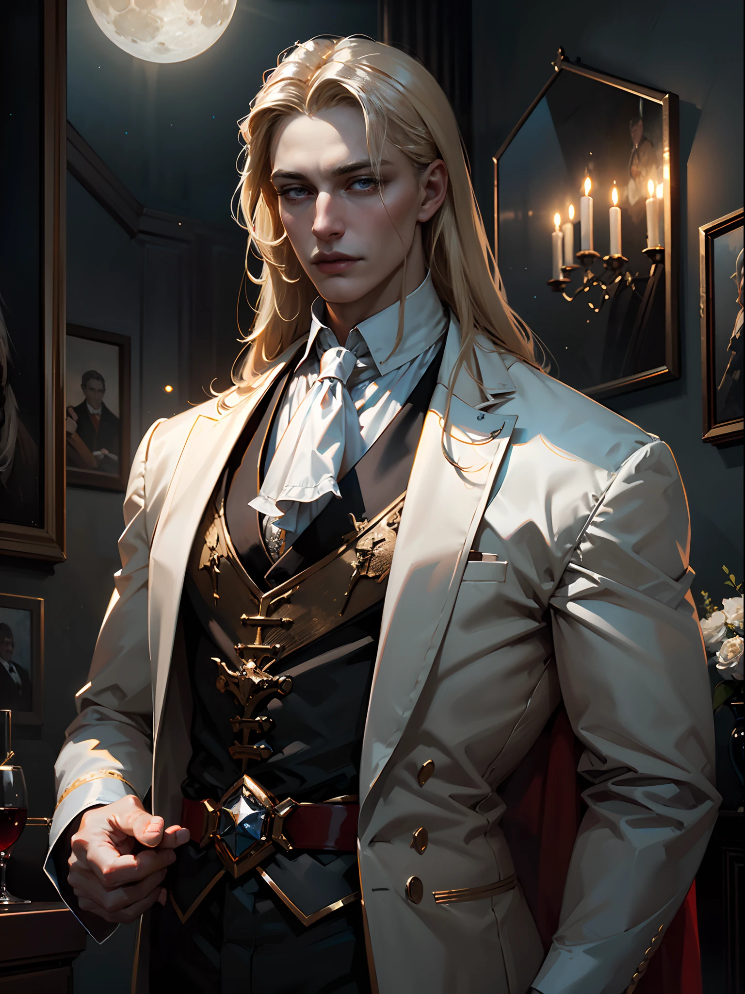 la mejor calidad，obra maestra，Una alta resolución, 4k, 8K,Ilustración detallada del concepto CG,Bellas artes oficiales，En la imagen del príncipe vampiro en el siglo XIX.，Podemos ver a un hombre elegante y encantador.，Vestido con traje de caballero negro.。Su figura alta y dedos delgados revelan su temperamento noble.。Su rostro estaba pálido y delicado.，El rostro tridimensional presenta un toque de misterio y majestuosidad.。 Tiene el pelo rubio sedoso.，La mezcla es ligeramente blanca plateada.。Un par de ojos profundos que brillan con fría sabiduría.。Sus ojos eran de color rojo oscuro，Parece contener infinitos deseos y poderes.。 En su mano izquierda sostiene una copa de vino de ginebra con incrustaciones de rubíes.，El líquido rojo en la taza parece sangrar.。 Una preciosa pintura al óleo cuelga en la pared al lado.，La pintura representa una hermosa escena nocturna.，La luz de las estrellas brilla，La luna cuelga sobre el firmamento.。Y los personajes de ese cuadro.，Exactamente su antiguo amante.。，Ahora se ha convertido en su presa.。