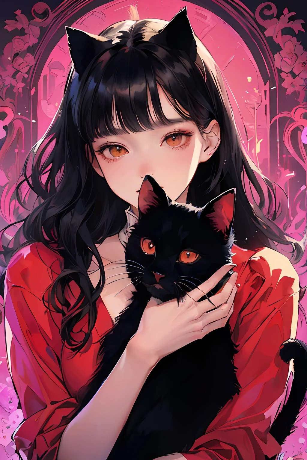 (masterpiece, top quality, best quality, official art, beautiful and aesthetic:1.2), (1girl, black haired, long haired, red dress, 1black cat, girl hugging a cat, detailed expression, dynamic pose), extreme detailed,  thick_red_book_face