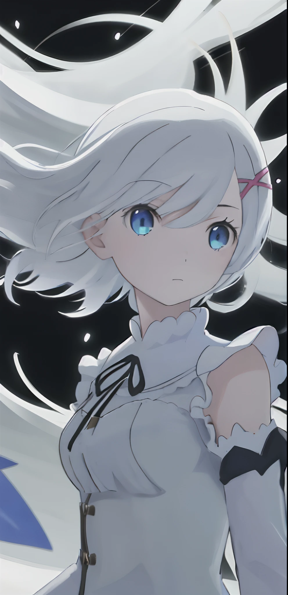 (best quality, masterpiece:1.2) 1girl, solo, looking at viewer, blue eyes, upper body, closed mouth, star \(symbol\), floating hair, white shirt, black background, long hair, bangs, star hair ornament, white hair, breasts, expressionless, light particles