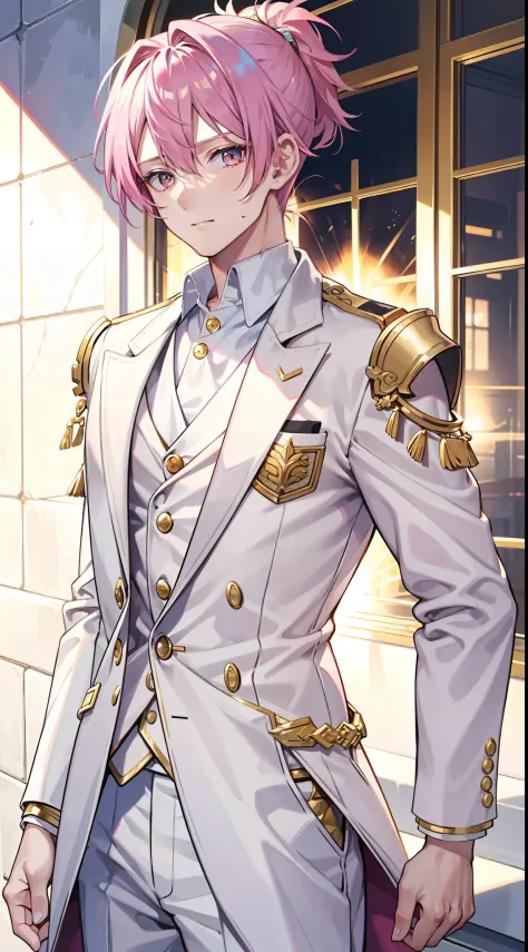 adult man, pink hair, high ponytail, golden eyes, white suit with gold elements, Masterpiece, hiquality