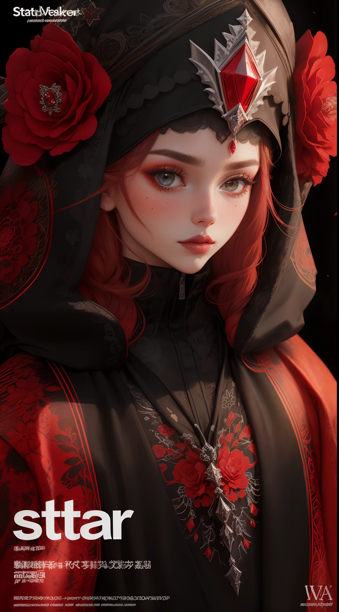 A beautiful Slavic queen wearing a modern black hoodie, covered in floral red crystal jewels, Magazine cover,bold and majestic look