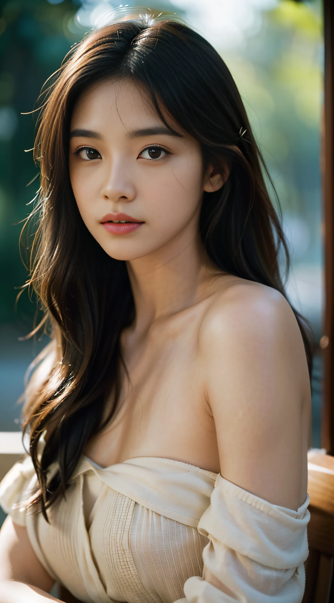 film portrait photography, 1girl, bare shoulders, wavy shoulder-length hair, serene, calm, (realistic detailed eyes, natural skin texture, realistic face details), soft dramatic lighting, depth of field, bokeh, vibrant details, finely detailed, hyperrealistic, 35mm film, hazy blur