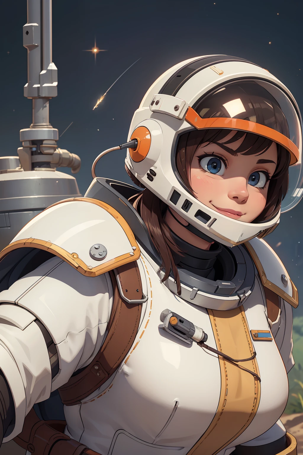 professional artwork, detailed eyes, beautiful eyes, thick thighs, breasts, beautiful face, flawless face, gorgeous face, smooth features, blush, short hair, beautifully detailed background, adventurous astronaut knight in bulky armored space suit, space suit looks like knight armor, space suit, thick heavy space suit, environment suit, hoses and tubes on suit, dials and switches, space suit backpack, nasa, nasa punk, nasapunk, astronaut, astronaut suit, cosmonaut, medieval knight, knight armor, leather armor and metal armor, mechanical background, sci fi, science fiction, futuristic, fantasy armor, full plate armor, medieval armor, knight helmet, knight visor, grilled faceplate, large helmet, big helmet, heavy collar, vacuum seal ring around neck, life support systems, rustic material, heavy stitching, thick leathers, armored breastplate, armored chest, leather gloves, rustic craftsmanship, adventurous, adventure, cute, smiling, shoulder pads, armor, white and orange outfit, heraldry, helmet on head, cassette futurism, gloved hands, bulky space suit, bulky suit, tubes and hoses, valves, mechanical, sword and shield, neon light, neon glow, neon, cuirass, pauldrons, chest armor, heavy metal chest armor, beam sword, plasma sword, light saber, knight, dome helmet