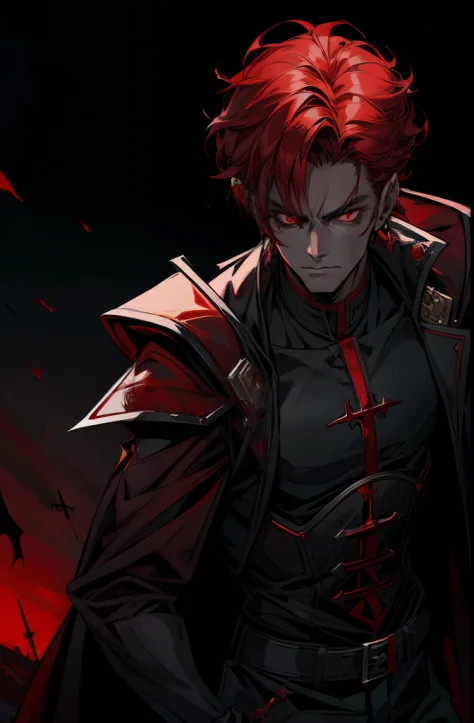 A vampire with red eyes and a black coat，Kizi，Short shoulder-length red hair，Refined face，k hd，Realiy，The great sword in my hand...