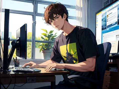 HD clear，Optimal image，Illustration quality，Super detailed，A handsome teenager，Wearing a gray T-shirt，Sit at the computer point