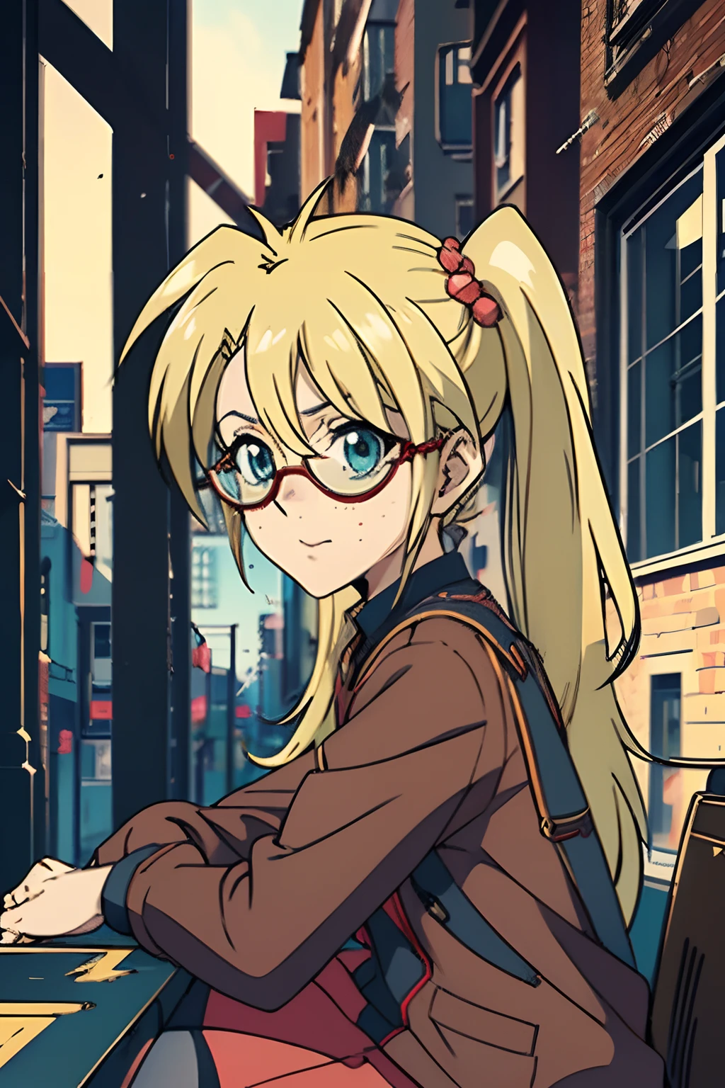 (masterpiece, best quality, ultra-detailed), 1girl, Rebecca Hopkins, blonde hair, twintails, red glasses,looking at viewer, sitting, serius expression, city