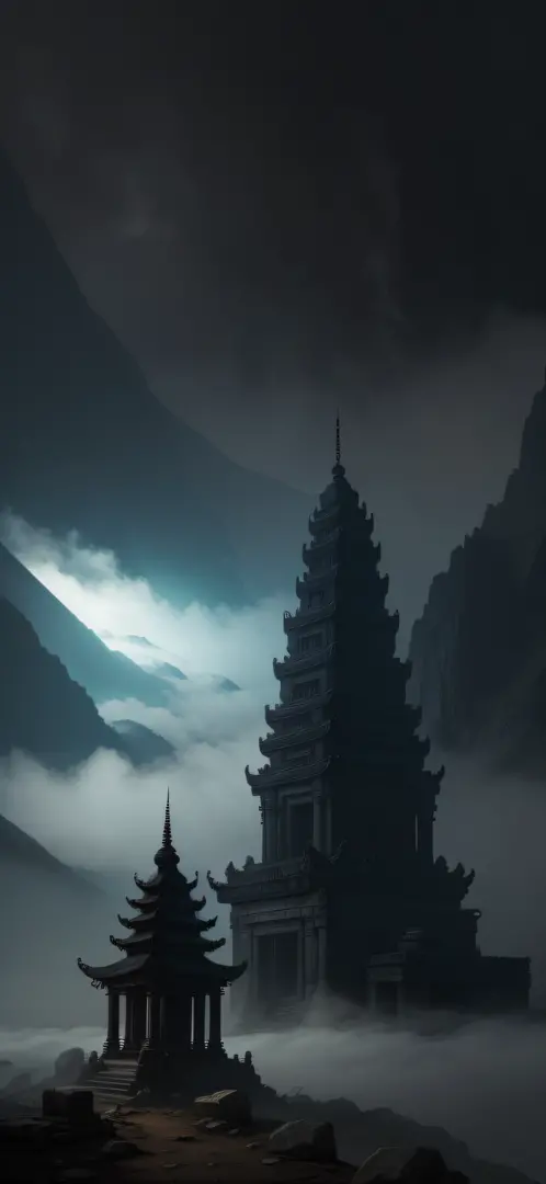 deep mountain，fog atmosphere，Ancient temple in cyberpunk style