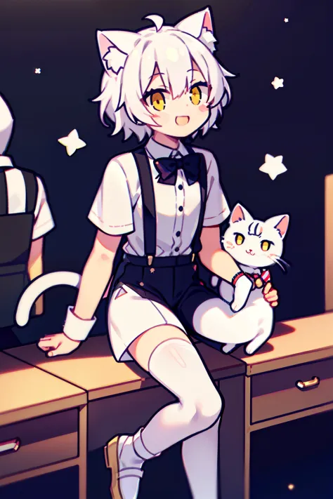 （（a sticker： 1.5））），  （（tmasterpiece）），Cat-eared boy，White Cat Ear Boy，Yellow eyes，White cat ears，Curious demeanor，Short black curly hair，The shirt，Suspenders，White calf socks，White socks small leather shoes to the middle of the calf，Smile Expression，Surro...