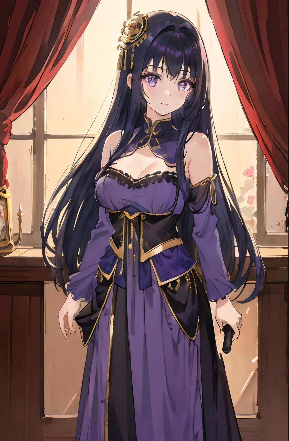 A beautiful and cute girl, huge smile、Idle Pose、1girl in, Solo, Long hair, A dark-haired,Purple eyes, hair messy, long hair bangs, Beautiful detailed eyes, Looking at Viewer, deadpan, Closed mouth, Portrait, Bangs,Blue Idol Costume,corsets,Blue hair ornament,Upper body ,full body Esbian, Small breasts, Backlight, stage