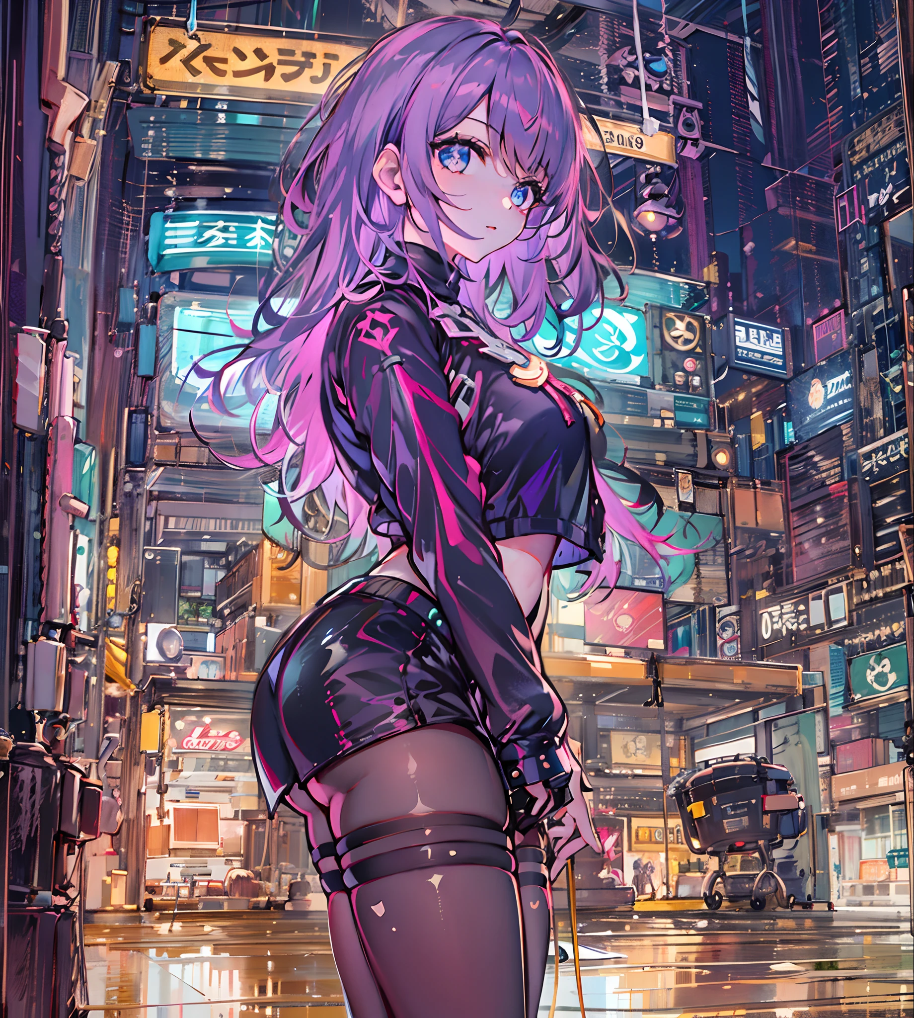 natta, Colorful cyberpunk city background, Raby, Street , soul,honkai impact,1, breastsout, neckline cutout, clothing cutout, crop top, ombre, fangs, gradient hair, gray hair, hair rings, jaket, gazing at viewer, make-up, へそ, gaping mouth, ombre vermelha, chemise, shorts, sleeveless, sleeveless turtleneck, manga top de colheita de high collar, breastsout pequenos, 独奏, stomach, high collar, topo de colheita de high collar, two tone hair,red eyes, glare eyes, blackstockings, back-illuminated, Glow Up, Surveying the audience, Low angle lens, looking up lens, perfect composition, delicadeza perfeita de luz e ombre, 8k,1girl,long  hair,soli_Arms,plein-air,Our,Lumiere_sorrido