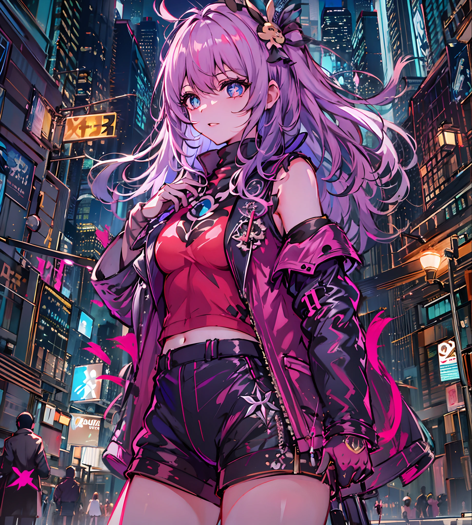 Noite, Fundo colorido da cidade cyberpunk, chuva, Rua , seele,honkai impact,1menina, seios, recorte de decote, recorte de roupa, crop top, sombra, presas, gradient hair, cabelo grisalho, hair rings, jaqueta, olhando para o espectador, maquiagem, umbigo, boca aberta, sombra vermelha, camisa, shorts, sem mangas, sleeveless turtleneck, manga top de colheita de gola alta, seios pequenos, solo, stomach, gola alta, topo de colheita de gola alta, cabelo de dois tons,olhos vermelhor, olhos brilhantes, Meias pretas, retroiluminado, brilhar, Surveying the audience, Low angle lens, olhando para cima lente, perfect composition, delicadeza perfeita de luz e sombra, 8k,1girl,cabelos longos,somente_Arms,ao ar livre,Nosso,Luz_sorrir