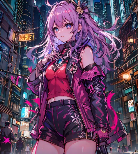 Noite, Fundo colorido da cidade cyberpunk, chuva, Rua , seele,honkai impact,1menina, seios, recorte de decote, recorte de roupa,...