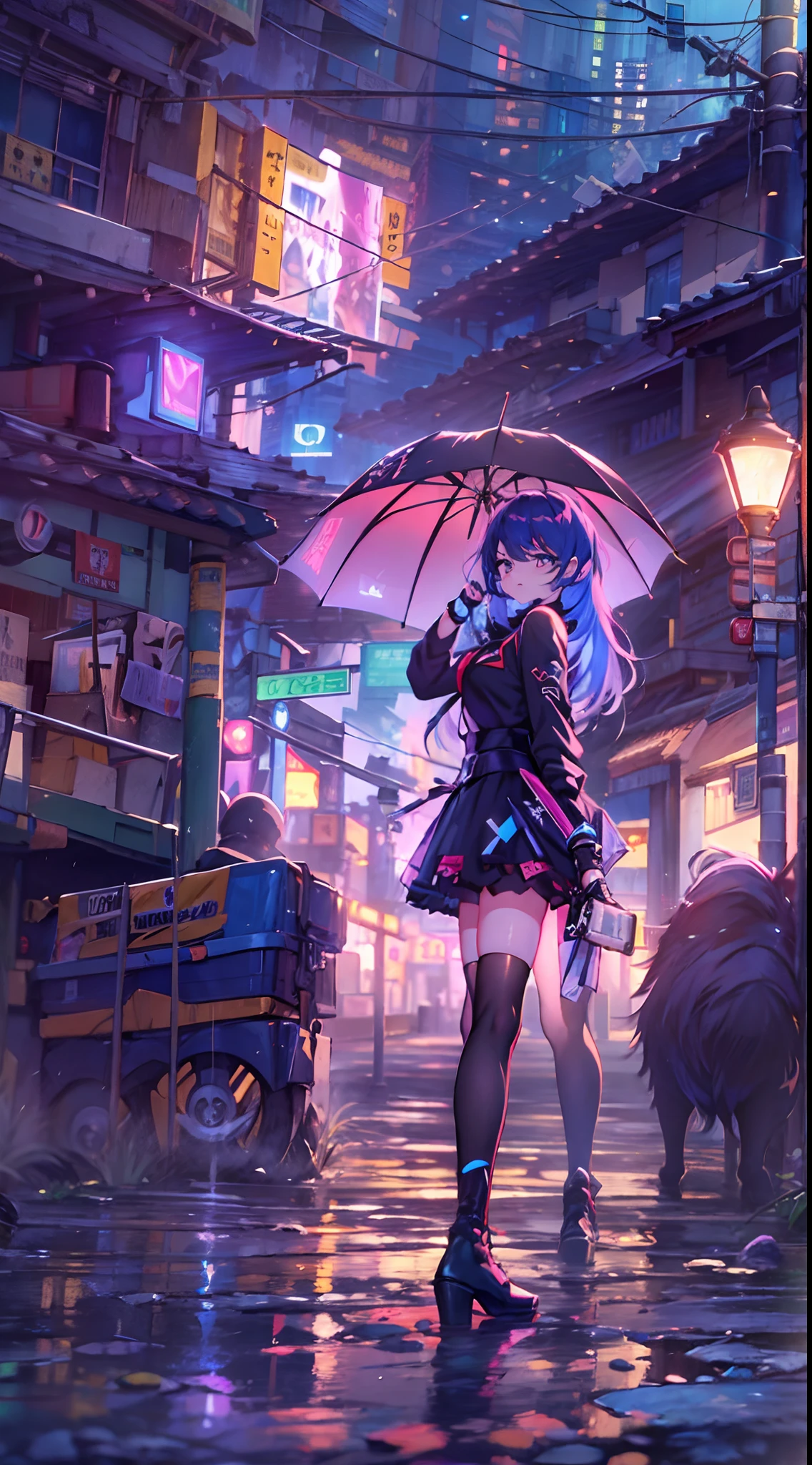 Nacht, Bunter Cyberpunk-Stadthintergrund, Regen,  der Straße, seele,Honkai-Einschlag,, blaue Augen, strahlende Augen, schwarze Socken, hinterleuchtet, Scheinen, Befragung des Publikums, Niedrigwinkelobjektiv, Nachschlagen der Linse, perfekte Komposition, perfekte Zartheit von Licht und Schatten, 8k