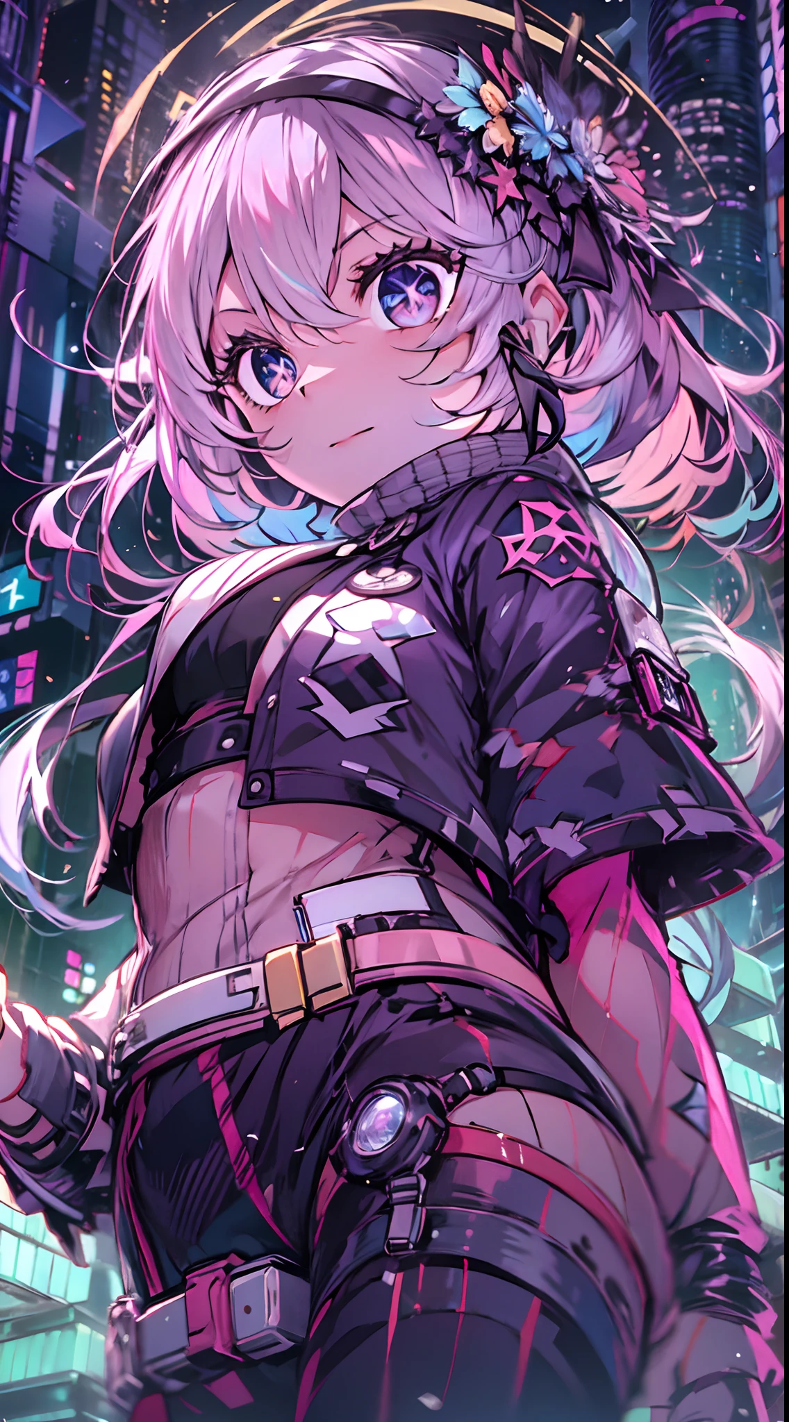 natta, Colorful cyberpunk city background, Raby,  of street, soul,honkai impact,, blue colored eyes, glare eyes, blackstockings, back-illuminated, Glow Up, Surveying the audience, Low angle lens, looking up lens, perfect composition, perfect delicacy of light and shadow, 8k