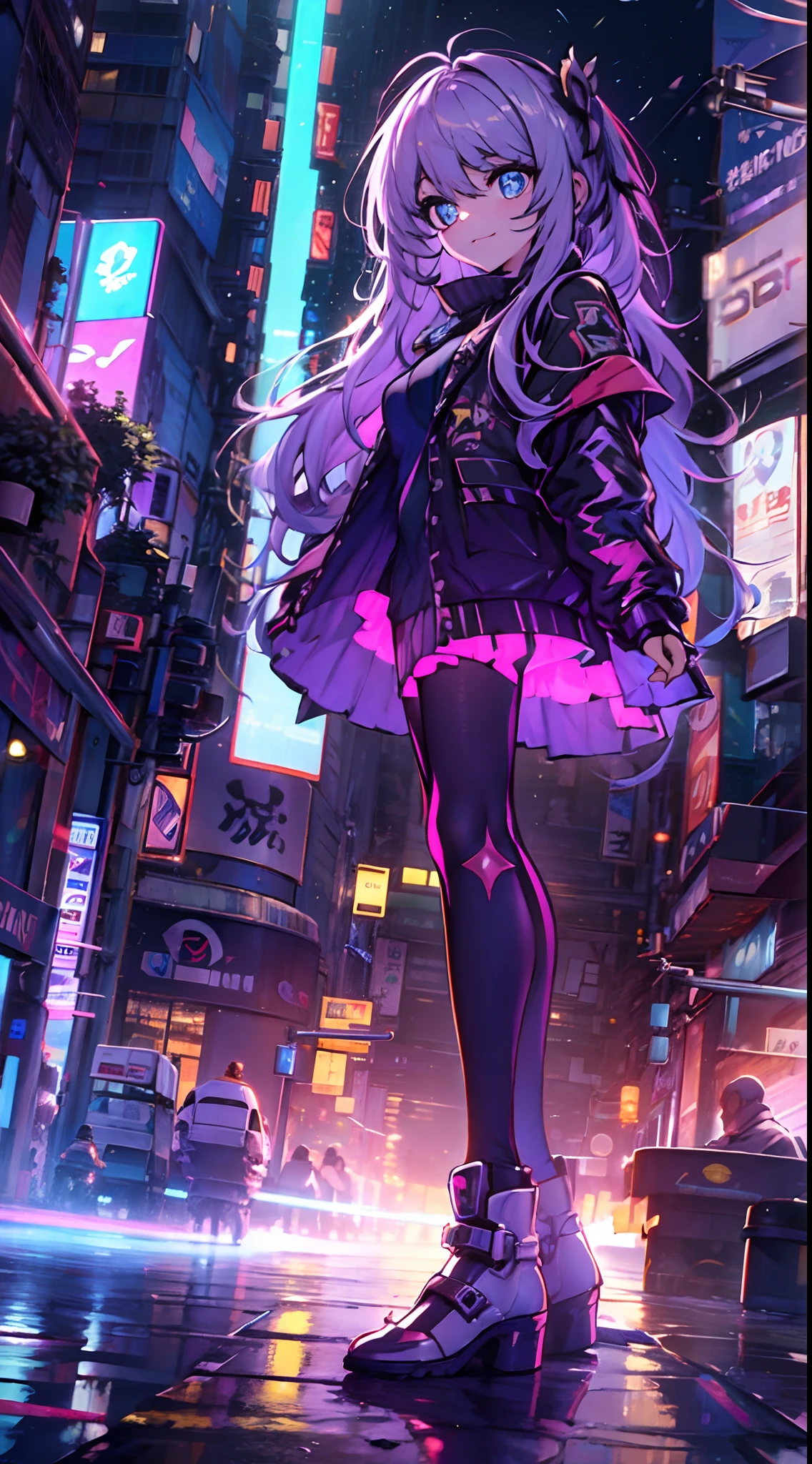 Noite, Fundo colorido da cidade cyberpunk, chuva,  de rua, Alma,impacto honkai,, olhos azuis, olhos brilhantes, Meias pretas, retroiluminado, brilhar, Levantamento do público, Lente de ângulo baixo, olhando para cima lente, composição perfeita, delicadeza perfeita de luz e sombra, 8K