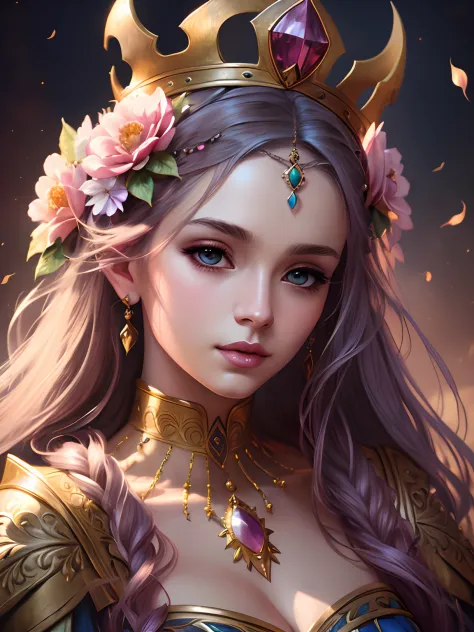 Woman with a crown of flowers on her head, beautiful fantasy art portrait, beautiful fantasy portrait, Detailed matte fantasy portrait, beautiful fantasy art, fantasy art portrait, 4k fantasy art, fantasy style art, fantasy portrait art, detailed fantasy a...